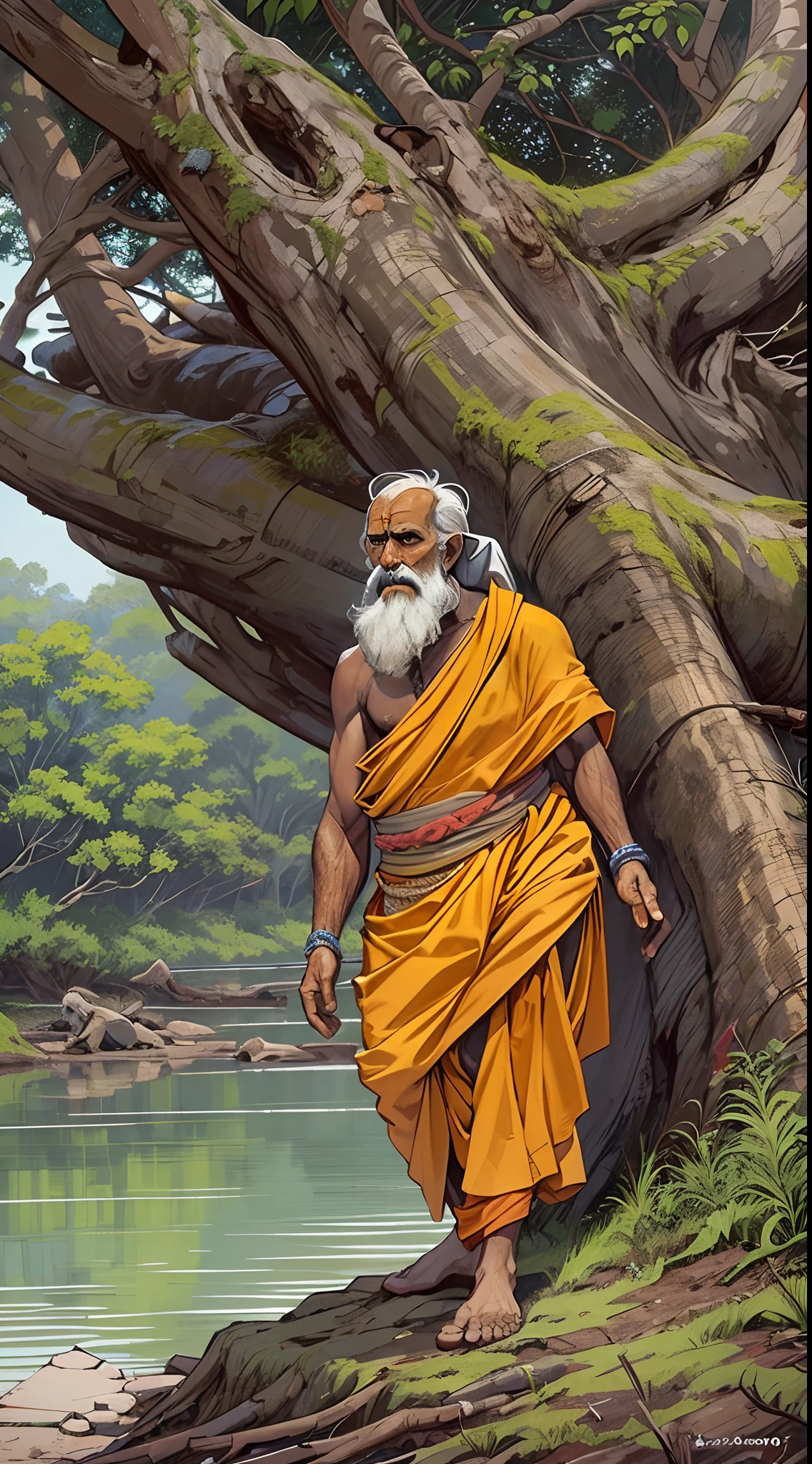 70 years old indian sadhu, weak health, weak body, bending forward, broken hut, orange cloths, dirty, grey beard, masterpiece, (2d art), toony, river background, banyan tree