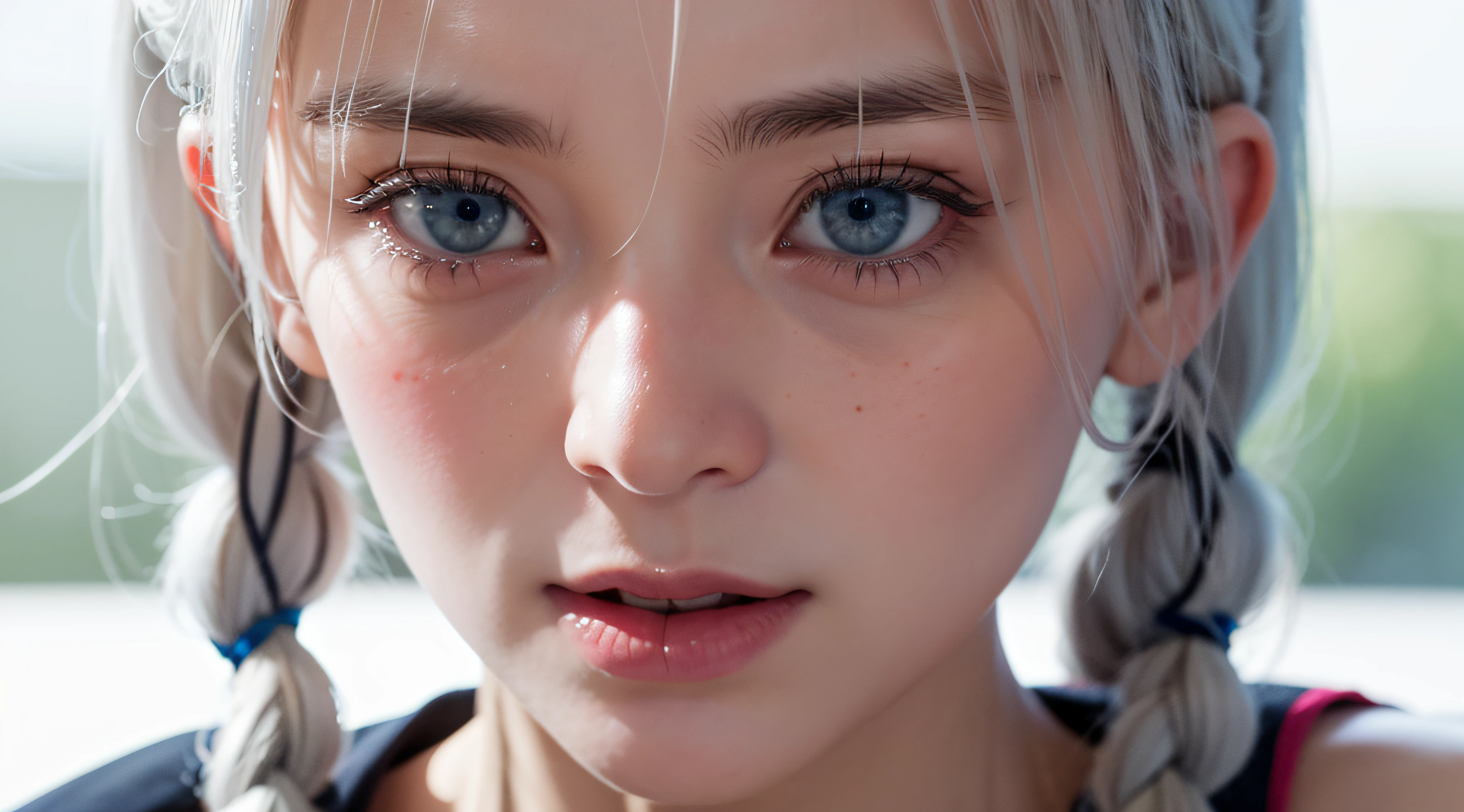 (matsue:1.5), blue eyes, white hair, close up, soft blue crop top, jeans pants, braid twin tails hair, masterpiece, best quality, raw photo, photorealistic, face, incredibly absurdres, beautiful girl, cute, braid hair, depth of field, highres, ultra-detailed, finely detail, extremely detailed, extremely detailed eyes and face, sharp pupils, realistic pupils, sharp focus, cinematic lighting