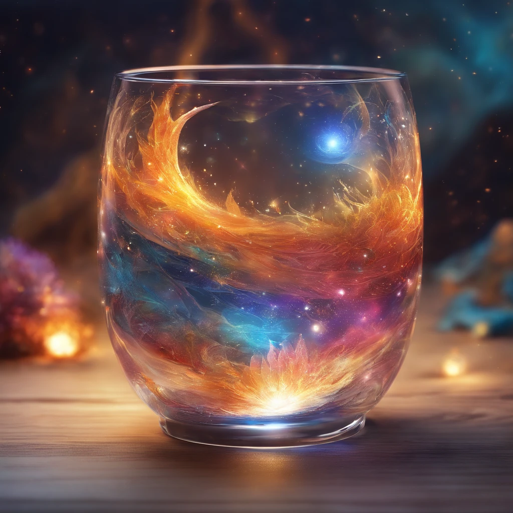 El universo en una taza, Todo el universo existe dentro del cristal......, Planetas y galaxias en un vaso, Mesa de comedor de madera, super-realistic, hiper detallado, Dramatic lighting, 4k, Ultra HD, realista, colores brillantes, Un, Dibujo UHD, Pluma y tinta, perfect composition, Beautiful intricately detailed incredibly detailed octane make trend on artstation, 8 k artistic photography, Arte conceptual fotorrealista, soft natural volumetric cinematic perfect light