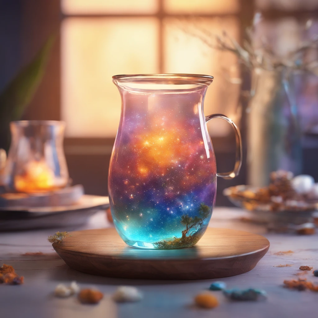 El universo en una taza, Todo el universo existe dentro del cristal......, Planetas y galaxias en un vaso, Mesa de comedor de madera, super-realistic, hiper detallado, Dramatic lighting, 4k, Ultra HD, realista, colores brillantes, Un, Dibujo UHD, Pluma y tinta, perfect composition, Beautiful intricately detailed incredibly detailed octane make trend on artstation, 8 k artistic photography, Arte conceptual fotorrealista, soft natural volumetric cinematic perfect light
