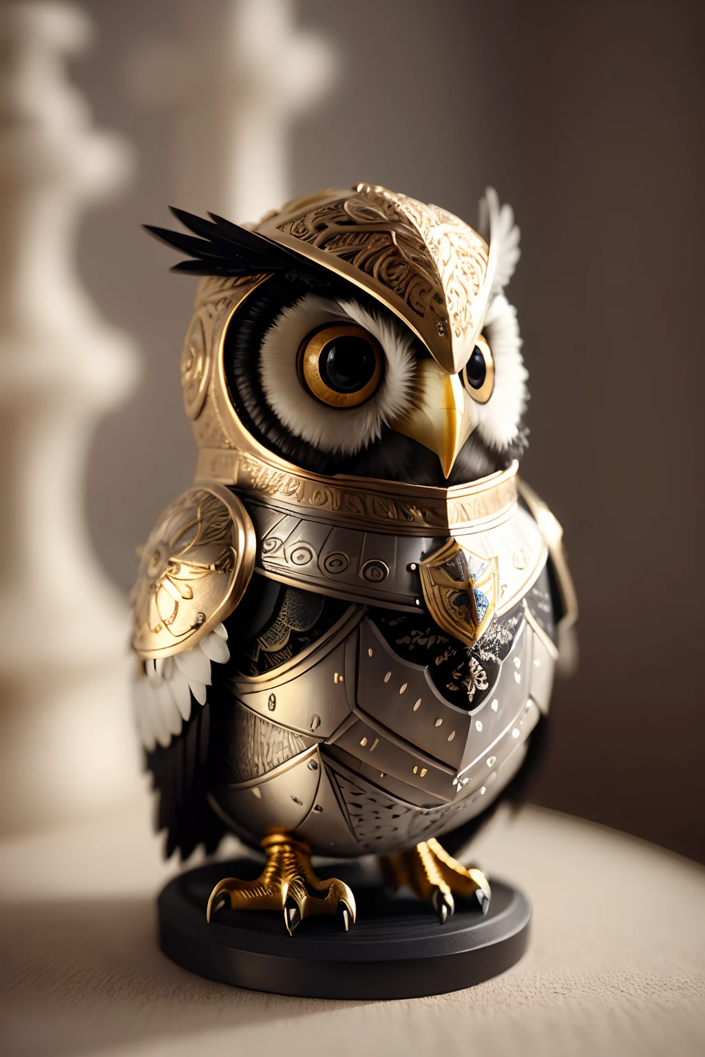 3dcreature cute owl wearing knight armor with detailed flower ornament, beak, 1boy, s big eyes, chibi, photorealistic portrait, hyperrealistic, hyperdetailed, analog style, Hip cocked, Demere, Low cutting, Black Lace, Detailed skin, Matte finish, gentle lighting, subsurface scattering, Realistic, Heavy shadow, masterpiece, bestquality, ultra realistic, 10, golden ratio, intricate, high-detail, Film photography, soft focus