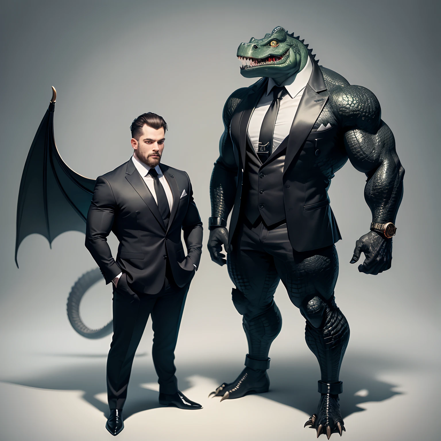 Humanoid  crocodile muscled ,  with a crocodile's head black with  a tail with 2 huge arms ,  in suit with a tie , full body