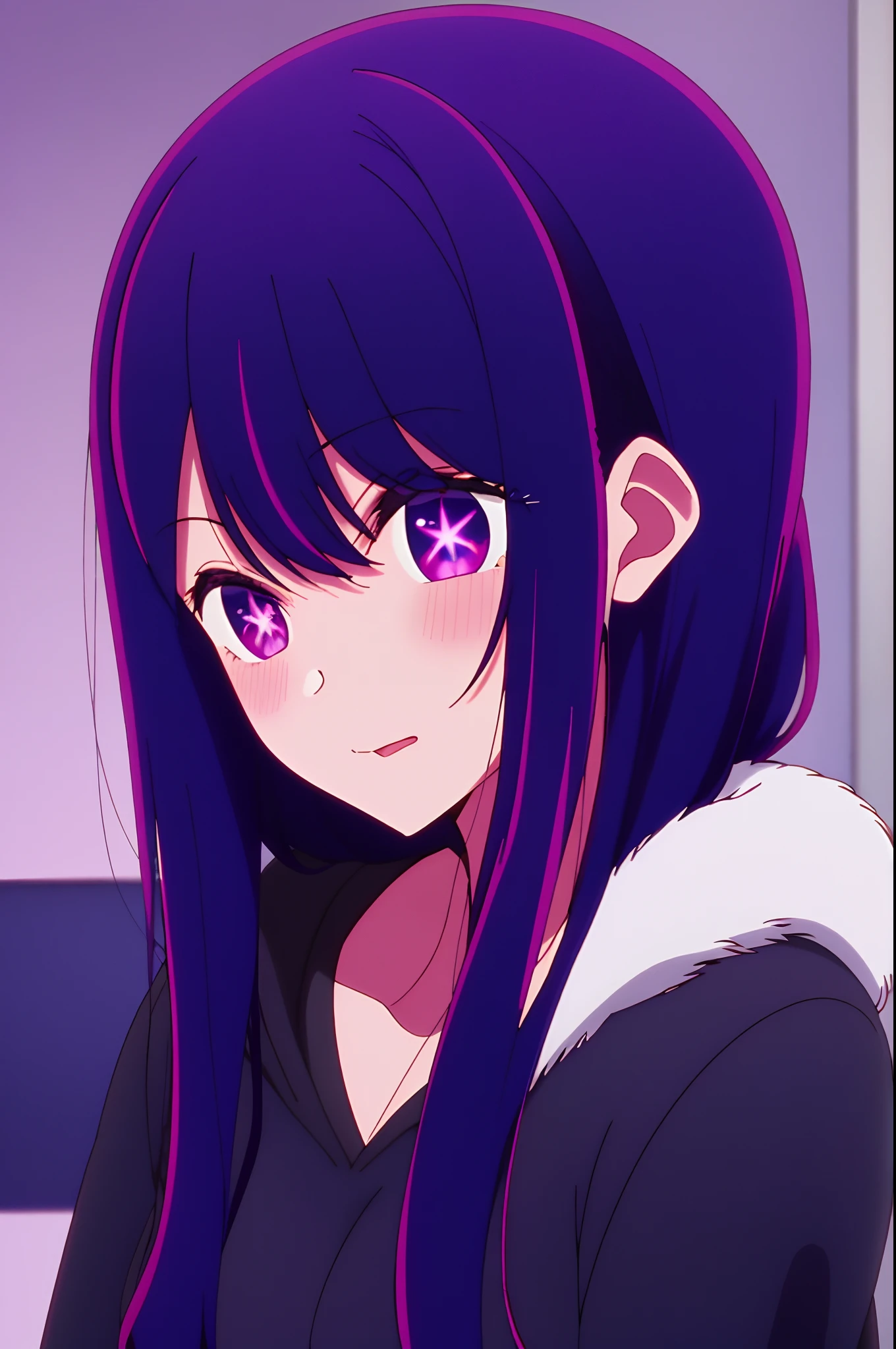 Yukino, best quality, purple color hair, purple eyes, in a black hoodie, cute girl, her expression is solemn, sexy face, she has a cute expressive face, hard breast