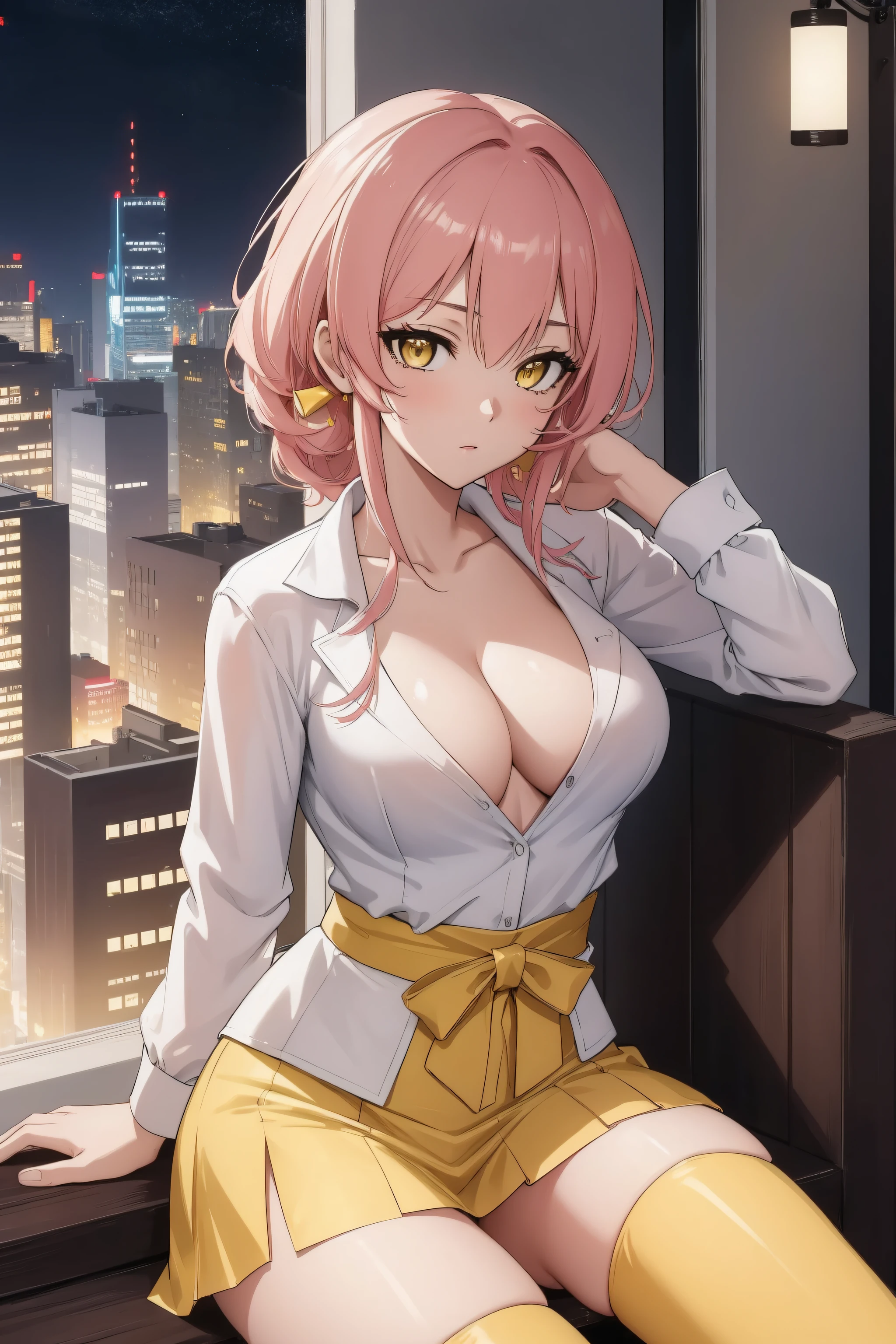 (Night:1.7), Cyberpunk_CityView, Before Window,in front of a wall with a clock,
sitting at attention,sitting on couch,
white shirt,yellow skirt,collarbone, cleavage, puffy_short_sleeves,thighhighs, White legwear, no_bra,
mika jougasaki, hair bow, long hair, pink hair, (yellow eyes:1.5),
1 girl, 20yo,young female,Beautiful Finger,Beautiful long legs,Beautiful body,Beautiful Nose,Beautiful character design, perfect eyes, perfect face,
looking at viewer, (innocent_big_eyes:1.0),(expressionless:1.3),
NSFW,official art,extremely detailed CG unity 8k wallpaper, perfect lighting,Colorful, Bright_Front_face_Lighting,
(masterpiece:1.0),(best_quality:1.0), ultra high res,4K,ultra-detailed,
photography, 8K, HDR, highres, absurdres:1.2, Kodak portra 400, film grain, blurry background, bokeh:1.2, lens flare, (vibrant_color:1.2)
(Beautiful,medium_Breasts:1.4), (beautiful_face:1.5),(narrow_waist),(perfect hands, perfect anatomy),