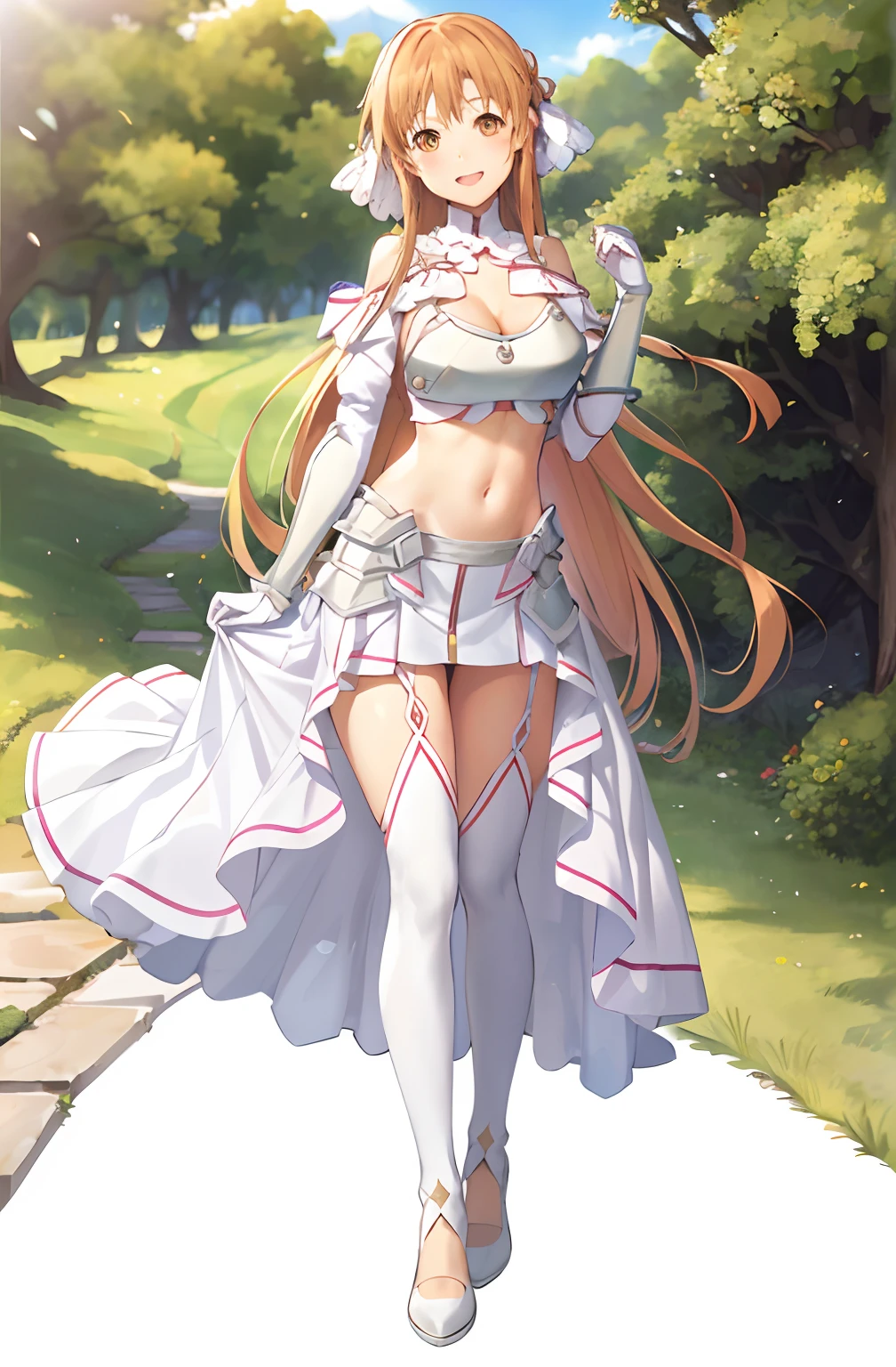 stacia, asuna, asuna_\(sao\), 1girl, (sexy pose:1.2), fantasy, highres,  original, realistic, expressive eyes, (excite), scenery,  close_up, upper_body, (standing on a grass), smiling, solo, (potruding nipple:1.2), long hair, (huge breasts:1.0), looking at viewer, smile, open mouth, bangs ,detailed eyes, beautiful background, (on the forrest), hands on the chest, orange hair, thighhighs, gloves, dress, (cleavage:1.4), (grab tits:1.6), bare shoulders, brown eyes, very long hair, (full body:1.5), white gloves,  white dress, (open chest:1.5), armor, white thighhighs, garter straps, breeze, white armor,  abec, (((midriff))), (((navel)))