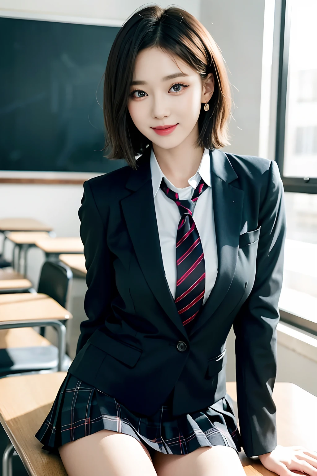 8K RAW photo, high resolution, 21 year old cool Korean, big round breasts, school uniform, tie, tie ribbon, blazer, skirt, beautiful eyes in detail, long eyelashes, beautiful double eyelids, eye shadow, slit eyes, sanpaku eyes, dark eye makeup, evil smile, beautiful thin legs, short hair gathered at the back, earrings, school classroom