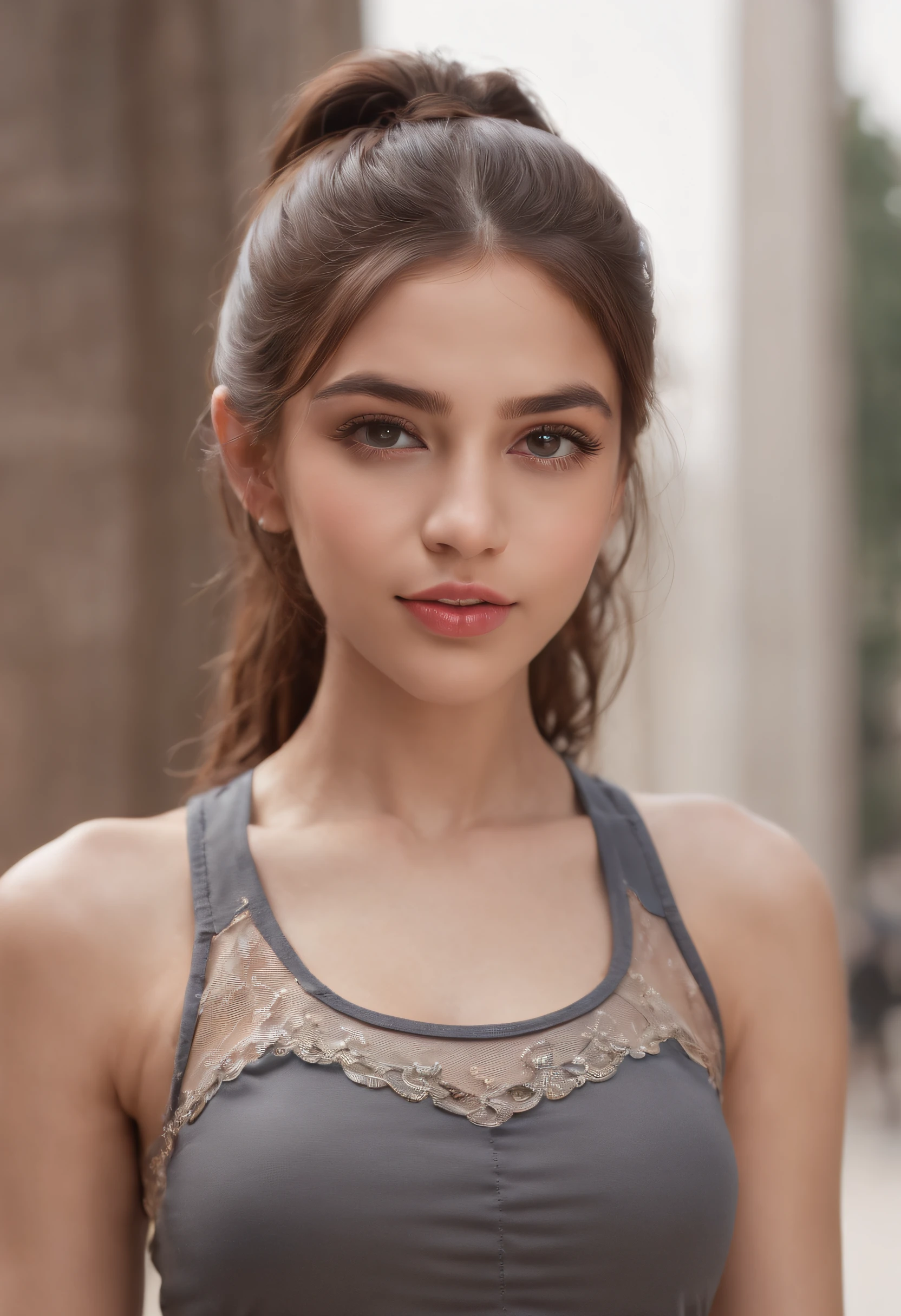 ((iraqi dark skin, iraqi attractive 18 year old )), ((her beauty is undeniable)), ((excited cute face)), ((hyper detailed perfect eyes,)), ((cute pose)), ((tongue out)), ((seductive )), sexy, (( tight mesh shirt, sexy short shorts)), (( ponytail hair,)), (( skin)), ((standing, front view)), ((touching her own legs in a sexy pose)), ((outdoors, public city)), sharp focus cgi, photorealistic, high detail, realistic, masterpiece, absurdres, best quality, HDR, high quality, high-definition, extremely detailed, 8k wallpaper, intricate details, 8K uhd, Full-HD, (realistic photo:1.2), contrast, harsh lighting, cinematic lighting, natural lighting, hard light, backlighting, global illumination, ambient occlusion