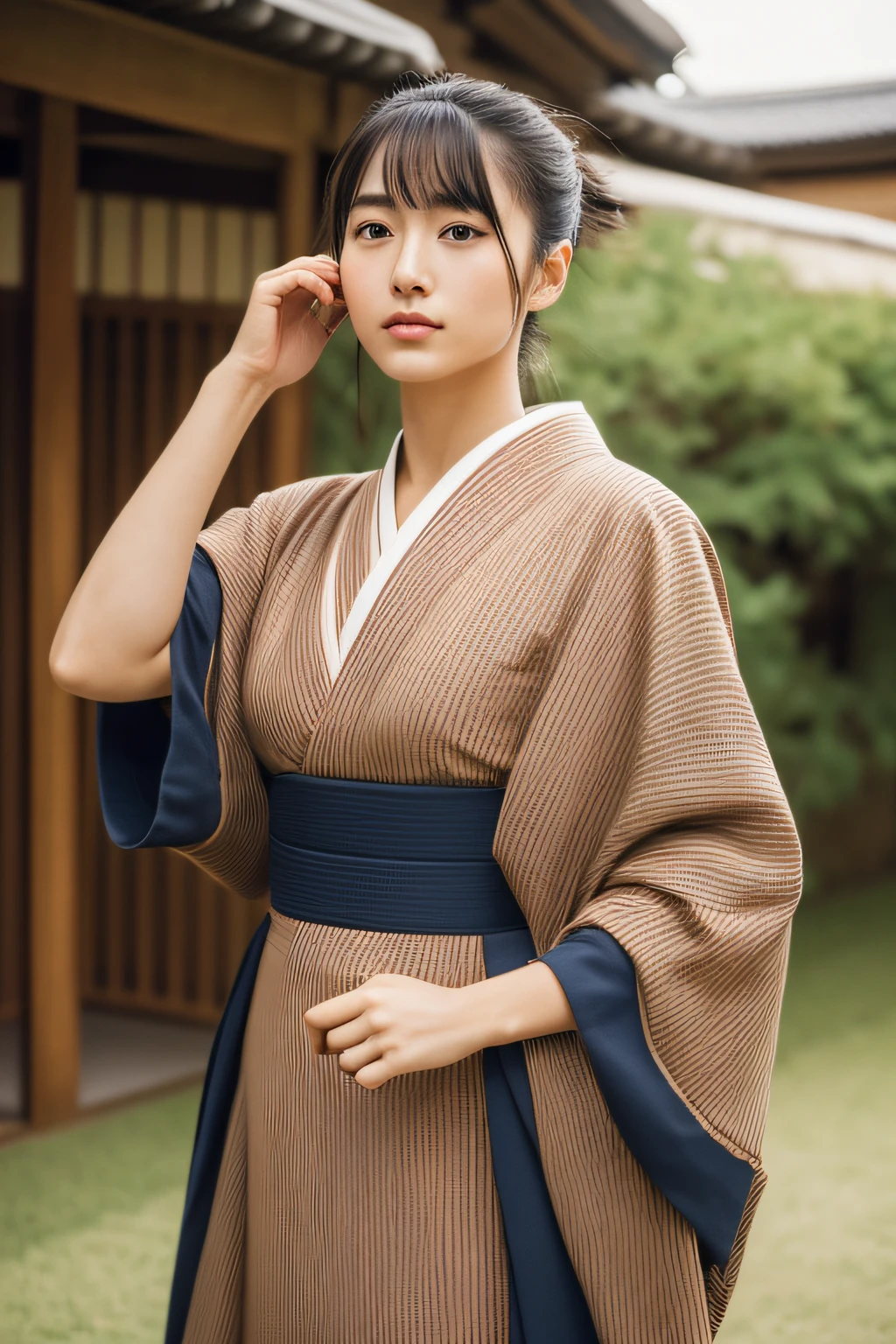 1 girl, hair bun, beautiful girl, mmTD burmese patterned traditional dress, yellow dress, outdoor, perfect light, masterpiece, best quality, ultra detailed, cinematic feels, looking at the viewer, 8k, RAW photo, realistic, photo realistic, intricately detailed, UHD, full HD, ultra resolution