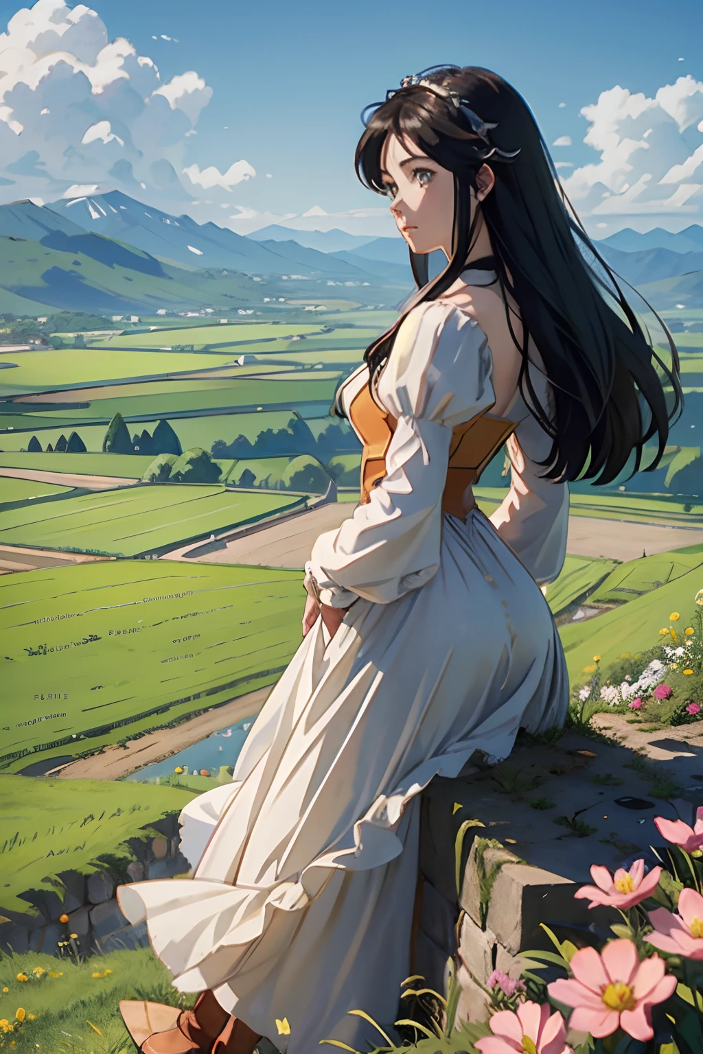 Princess Garnet standing on a castle wall, POV shot over her shoulder, in the distance are wide green plains and fields.  Flowers and agriculture are visible on the distant green fields.  Far far in the distance are large snow topped mountains.  The sky is clear blue with a few scattered clouds.