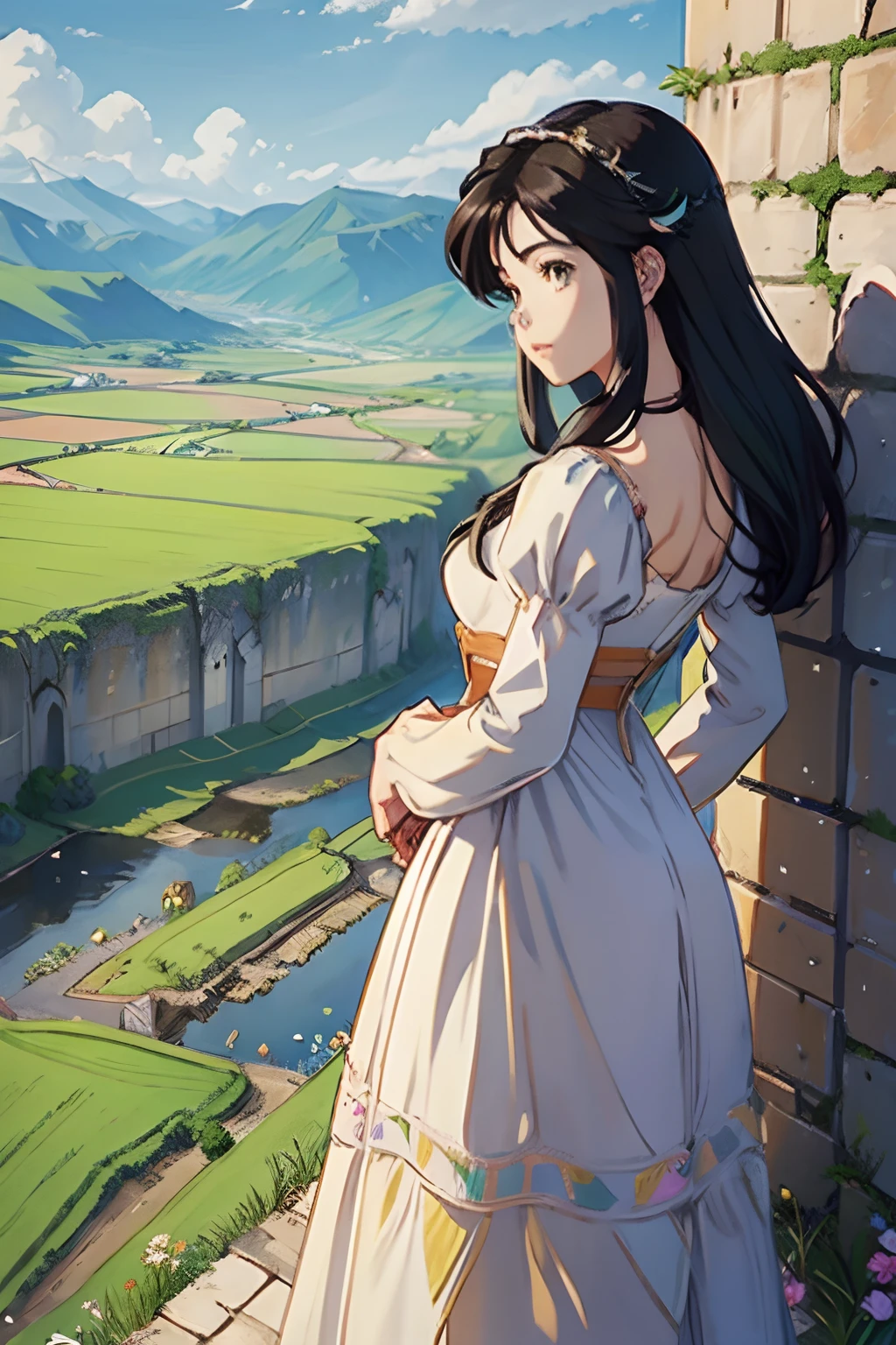 Princess Garnet standing on a castle wall, POV shot over her shoulder, in the distance are wide green plains and fields. Flowers and agriculture are visible on the distant green fields. Far far in the distance are large snow topped mountains. The sky is clear blue with a few scattered clouds.