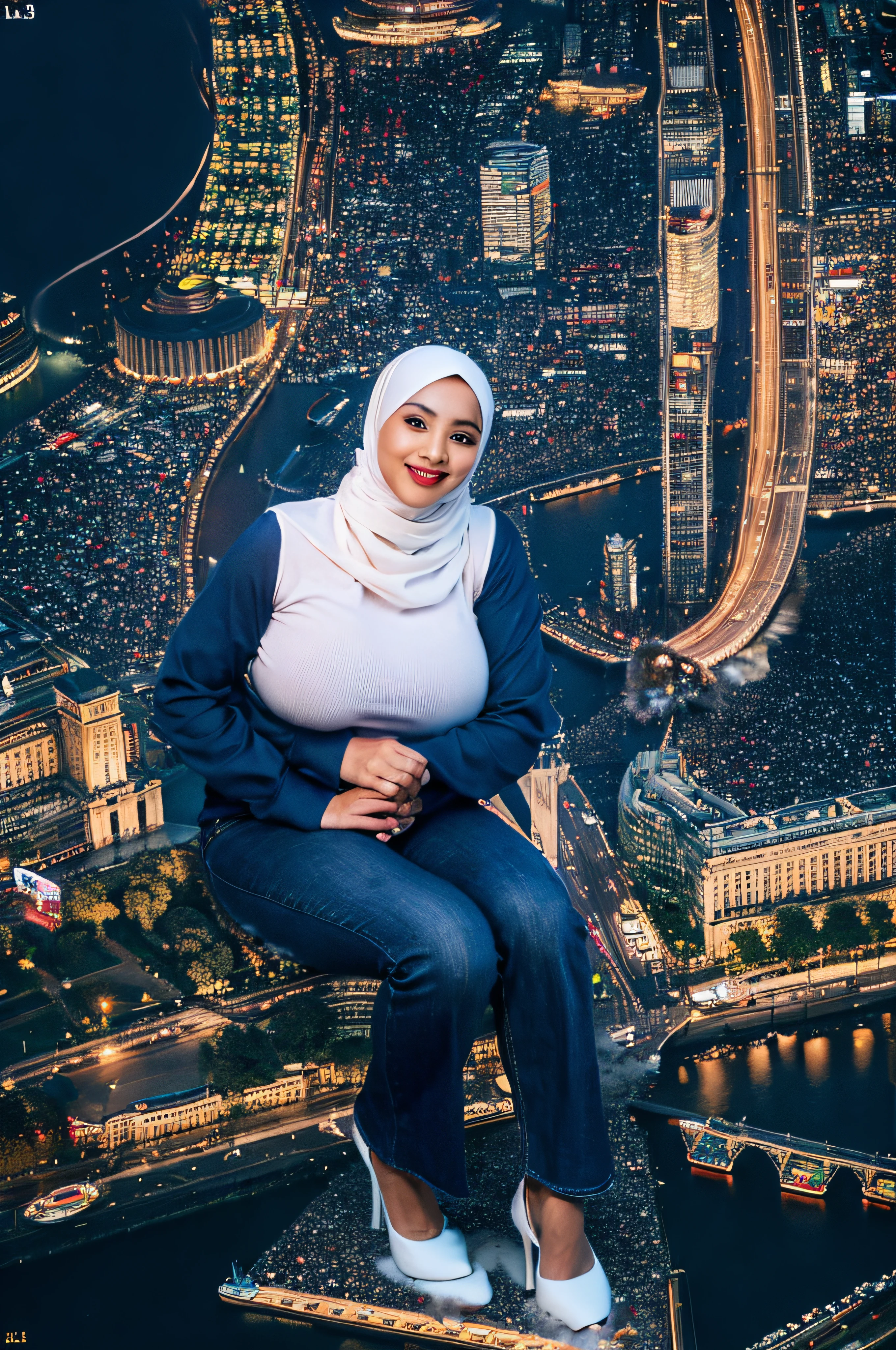 (Best quality, high resolution, masterpiece: 1.3), a beautiful malay woman in hijab, gigantic breasts, slim figure, sweatshirt, beautifully presented details in the street and facial and skin texture, detailed eyes, double eyelids, big eyeschest visible, shirt openfeatures), HDR, 8k resolution, nice fingers, firm skin, (((high detail skin, visible pores))), 1 female, tall body, 30 years old, holding a luxurious handbag(ultra Gigantic Breasts:1.3, heavy hanging breasts, perfect round shape breast), wearing Floral jeans Silk Tight Malay Gamis Pastel Close Up Tight Hijab, big busty red lips, Full Body, Beautiful Shy Smile, Wearing High Heels, In Lux, wearing deep_v-neck_dress, (giga:1.3), giantess, (city destruction:1.35), metropolis, london, aerial view,