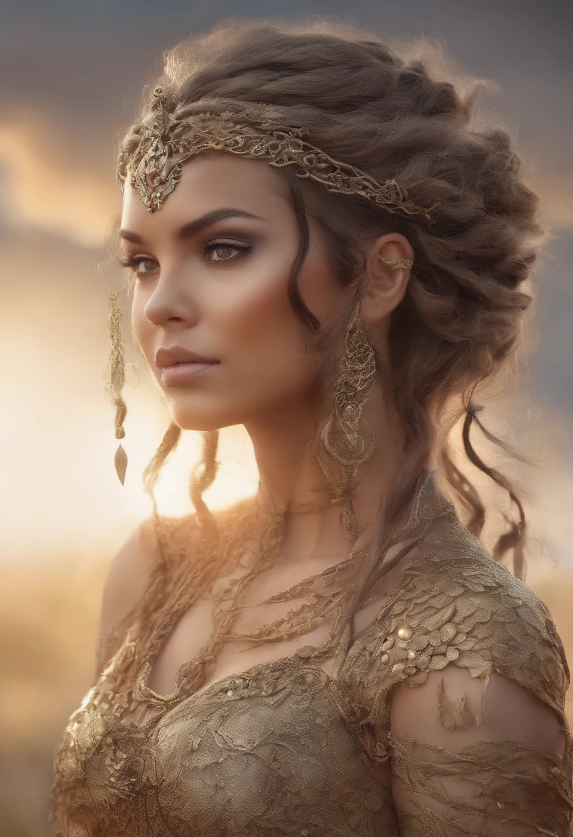 1 beautiful 30 year old girl, Nativo americano, cabelos pretos longos, twin braids, olhos castanhos, usando mini vestido buckskin,  nativo americano, pele muito bronzeada, dia, open plains, absurdos, alta resolução, ultrasharp, 8k, master part, Olhando para o Viewer, cabelo soprando ao vento, busto grande, tatuagem no rosto