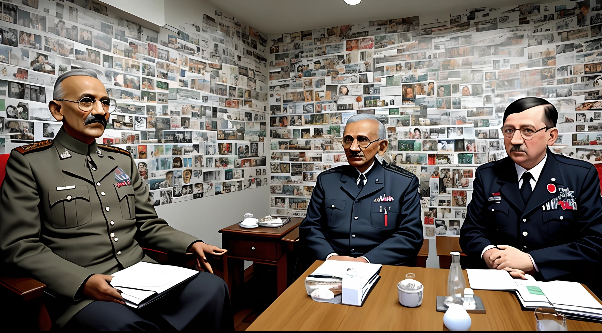 Mahatma gandhiji and Adolf Hitler sit opposite to each other in a room which has a wall pasted full of world leader stickers