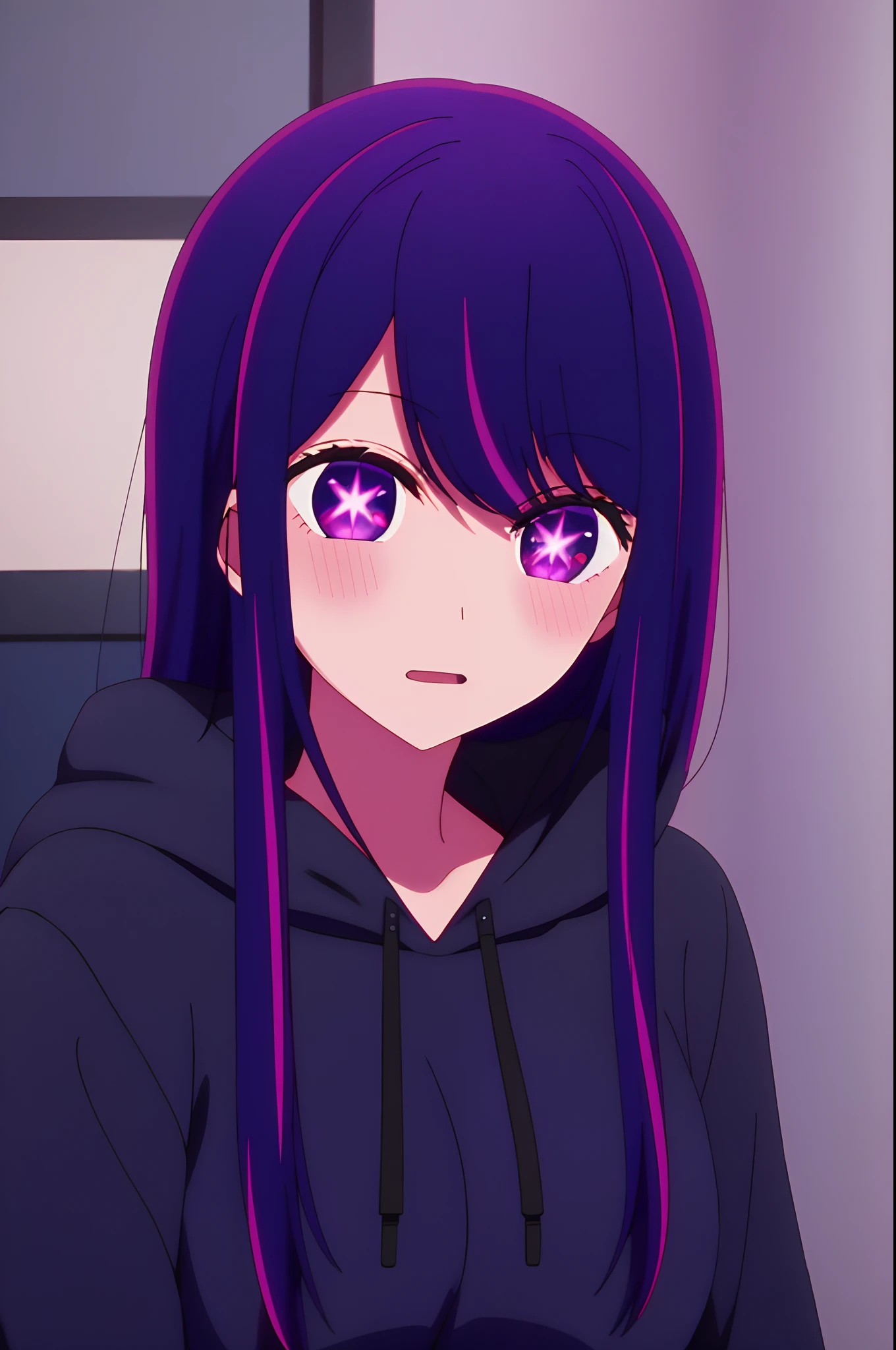 Yukino, best quality, purple color hair, purple eyes, in a black hoodie, cute girl, her expression is solemn, sexy face, she has a cute expressive face, hard breast