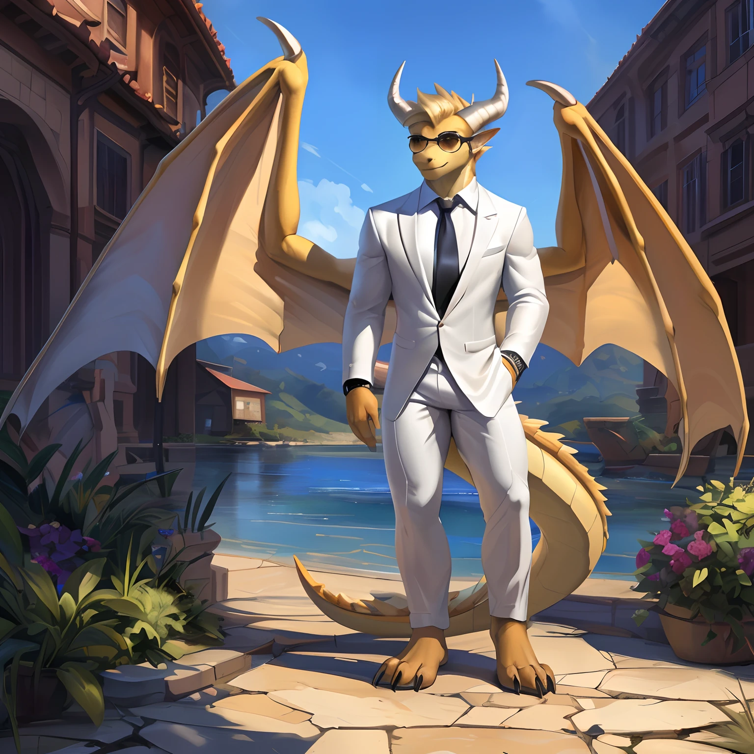 (masterpiece, best quality, high quality, highres:1.4), detailed, extremely detailed, ambient soft lighting, 4K, by (by Pino Daeni, (by ruaidri), yupa, kiyosan,(by meesh), (by fffffolder)), delga: (slim, athletic, dragon, yellow body, smooth skin, athletic muscle, anthro legs, (dragon feet), (toe claw), purple eyes, blonde spikes, (detailed eyes), dragon horn, dragon tail, two wings, dragon wings, wings on back, star shaped glasses, sunglasses, radiant energy, saint, angel, glowing (clothing, (topwear: white suit, black tie, buttoned up), handwear:(no gloves), bottomwear:(pants:white pants, [[leg armor]]))), handsome, closed_mouth, ((serious_look, serious)) tag:1boy), standing, portrait