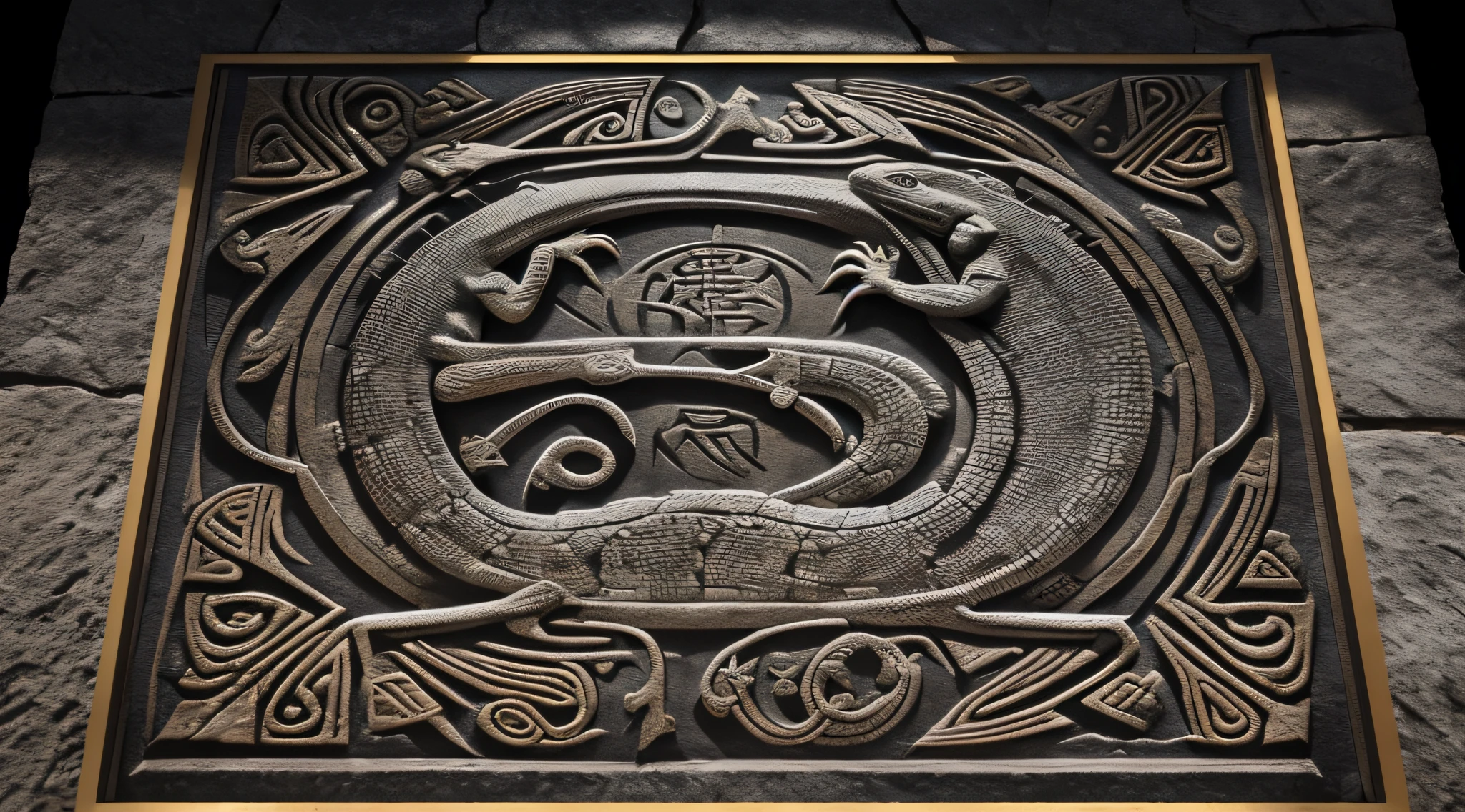 Lizard people symbols: Create an image of ancient symbols associated with the lizard people, engraved on a stone tablet or hidden in plain sight.4k, high quality, high resolution.