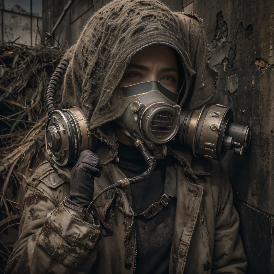 downpours(illuminations,Doomsday City,Abandoned,dystopian,Futuristic,Dark atmosphere,overgrown vegetation,Desolate streets,Crumbling building,black wall,Broken windows,Debris was scattered all over the place,Create an atmosphere of desolation and chaos. ),[Steampunk survivor,Gas masks,wind coat,Brass decoration,cogs and gears,]，Dimly lit sky,Ominous clouds come together,Dazzling lightning,be desperate,Unforgettable silence,lost hope,Epidemic of disease.Sepia color palette,intense contrast,Moody lighting.(Best quality,A high resolution,Masterpiece:1.2)，Background fog， A high resolution， the detail， RAW photogr， Sharp Re， Nikon D850 Film Stock Photo by Jefferies Lee 4 Kodak Portra 400 Camera F1.6 shots, Rich colors, ultra-realistic vivid textures, Dramatic lighting, Unreal Engine Art Station Trend, cinestir 800，