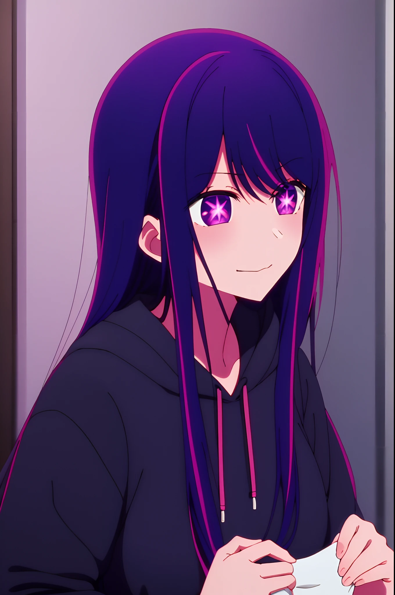 Yukino, best quality, purple color hair, purple eyes, in a black hoodie, cute girl, her expression is solemn, sexy face, she has a cute expressive face, hard breast