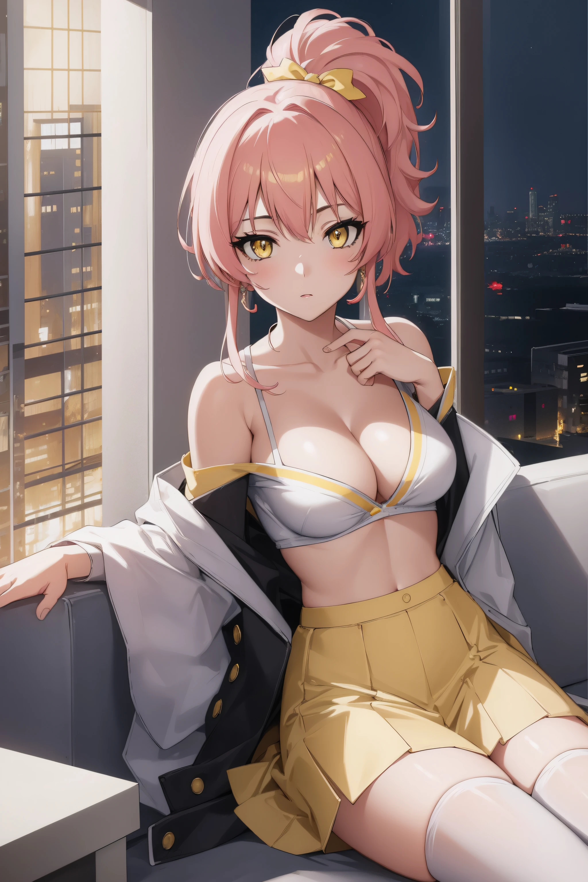 (Night:1.7), Cyberpunk_CityView, Before Window,in front of a wall with a clock,
sitting at attention,sitting on couch,
white shirt,yellow skirt,collarbone, cleavage, puffy_short_sleeves,thighhighs, White legwear, no_bra,
mika jougasaki, hair bow, long hair, pink hair, (yellow eyes:1.5),
1 girl, 20yo,young female,Beautiful Finger,Beautiful long legs,Beautiful body,Beautiful Nose,Beautiful character design, perfect eyes, perfect face,
looking at viewer, (innocent_big_eyes:1.0),(expressionless:1.3),
NSFW,official art,extremely detailed CG unity 8k wallpaper, perfect lighting,Colorful, Bright_Front_face_Lighting,
(masterpiece:1.0),(best_quality:1.0), ultra high res,4K,ultra-detailed,
photography, 8K, HDR, highres, absurdres:1.2, Kodak portra 400, film grain, blurry background, bokeh:1.2, lens flare, (vibrant_color:1.2)
(Beautiful,medium_Breasts:1.4), (beautiful_face:1.5),(narrow_waist),(perfect hands, perfect anatomy),
