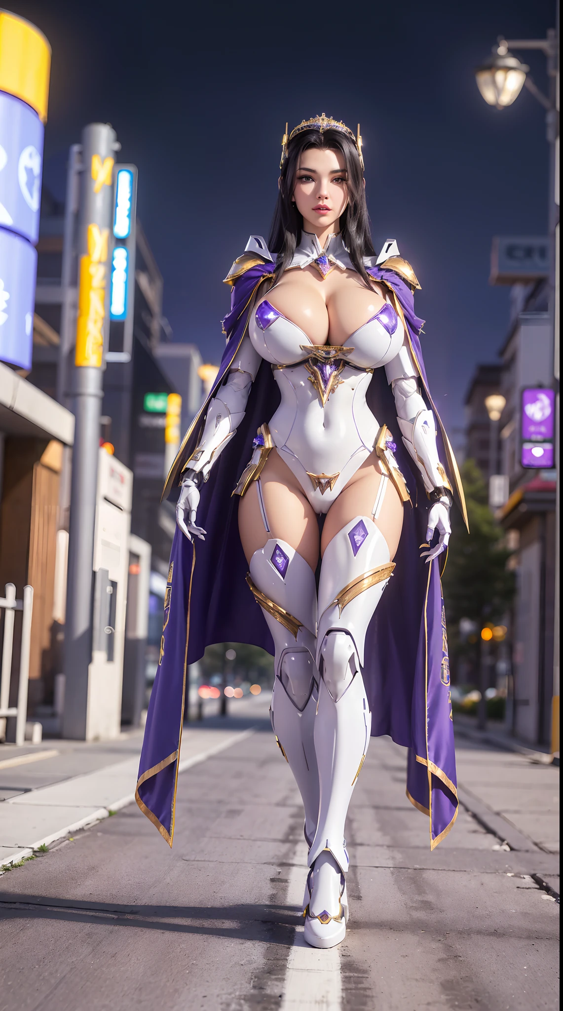 1GIRL, SOLO, (shiny black hair), (HUGE FAKE BOOBS:1.3), (GUARD ARM, GLOVE), IMMORTAL, (white, purple, gold, FUTURISTIC MECHA ARMOR SUIT, ROYAL CAPE, CLEAVAGE:1.5), (SKINTIGHT YOGA PANTS, HIGH HEELS:1.2), (NSFW GLAMOROUS BODY, SEXY LONG LEGS, FULL BODY:1.3), (FROM FRONT, LOOKING AT VIEWER:1), (WALKING DOWN ON STREET NIGHT CITY:1.3), PHYSICALLY-BASED RENDERING, ULTRA HIGHT DEFINITION, 8K, 1080P.