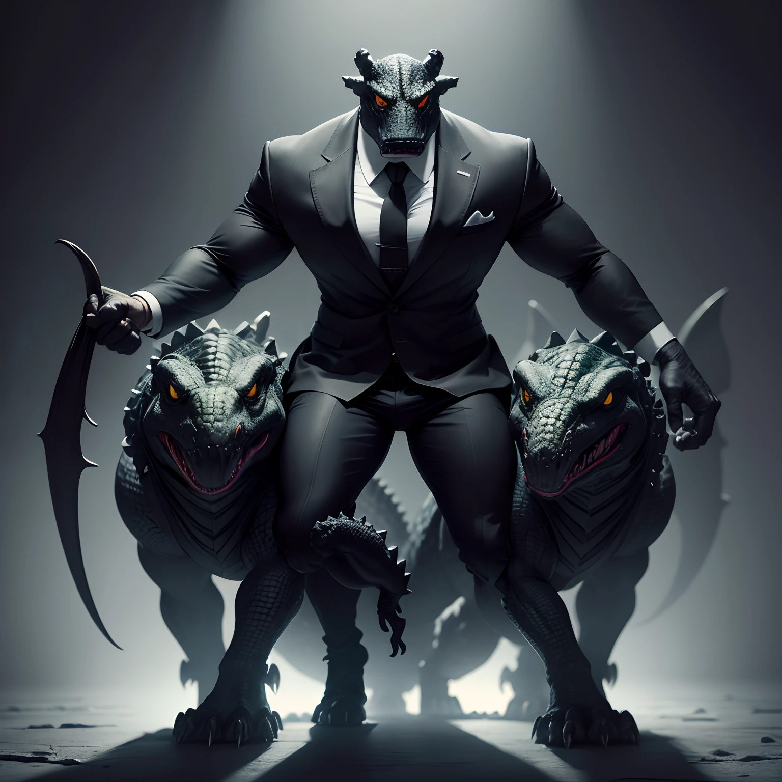Humanoid  crocodile muscled ,  with a crocodile's head black with  a tail with 2 huge arms ,  in suit with a tie , full body