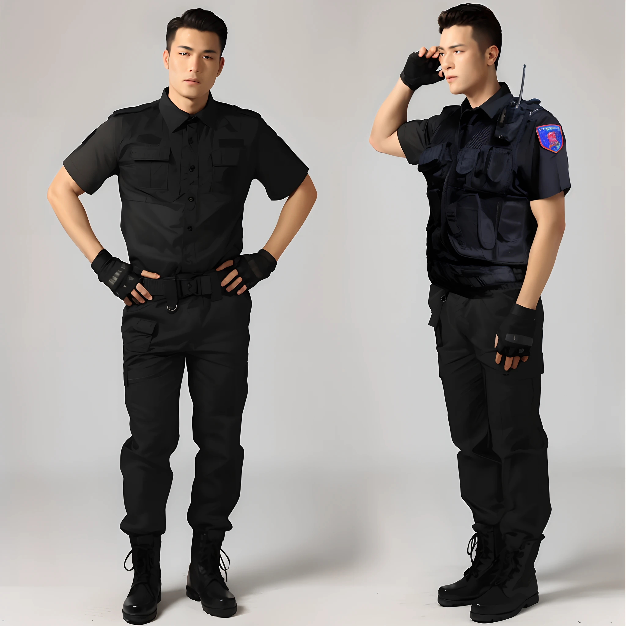 Two uniformed men stood side by side, Police uniform, Wearing a police uniform, full uniform, wearing black uniform, black armored uniform, Outfit: puff, security agent, JK school uniform, in a soldier uniform, police officers, in black military uniform, Black tactical equipment, uniform, in a soldier uniform, Officer uniform, Coveralls, officer, blue uniforms