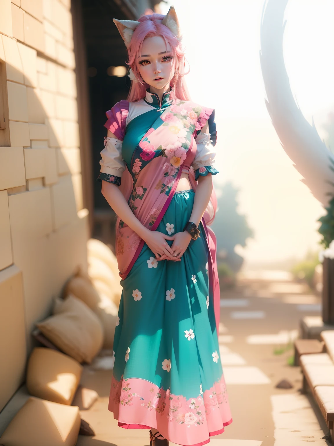 Nine snow-white fox tails (1.0), milky fox tail (1.0), fox close-up of nine tails, nine-tails, nine-tails, anime girl with pink hair and pink dress with flowers on her hair, very beautiful anime fox girl, beautiful anime fox girl, beautiful fantasy anime, guweiz, anime girl with fox ears, beautiful anime girl, very beautiful and cute fox girl, pink flower rain, background blur, anime style 4 K, anime fantasy artwork, 4k anime wallpaper, Artwork in the Guvez style