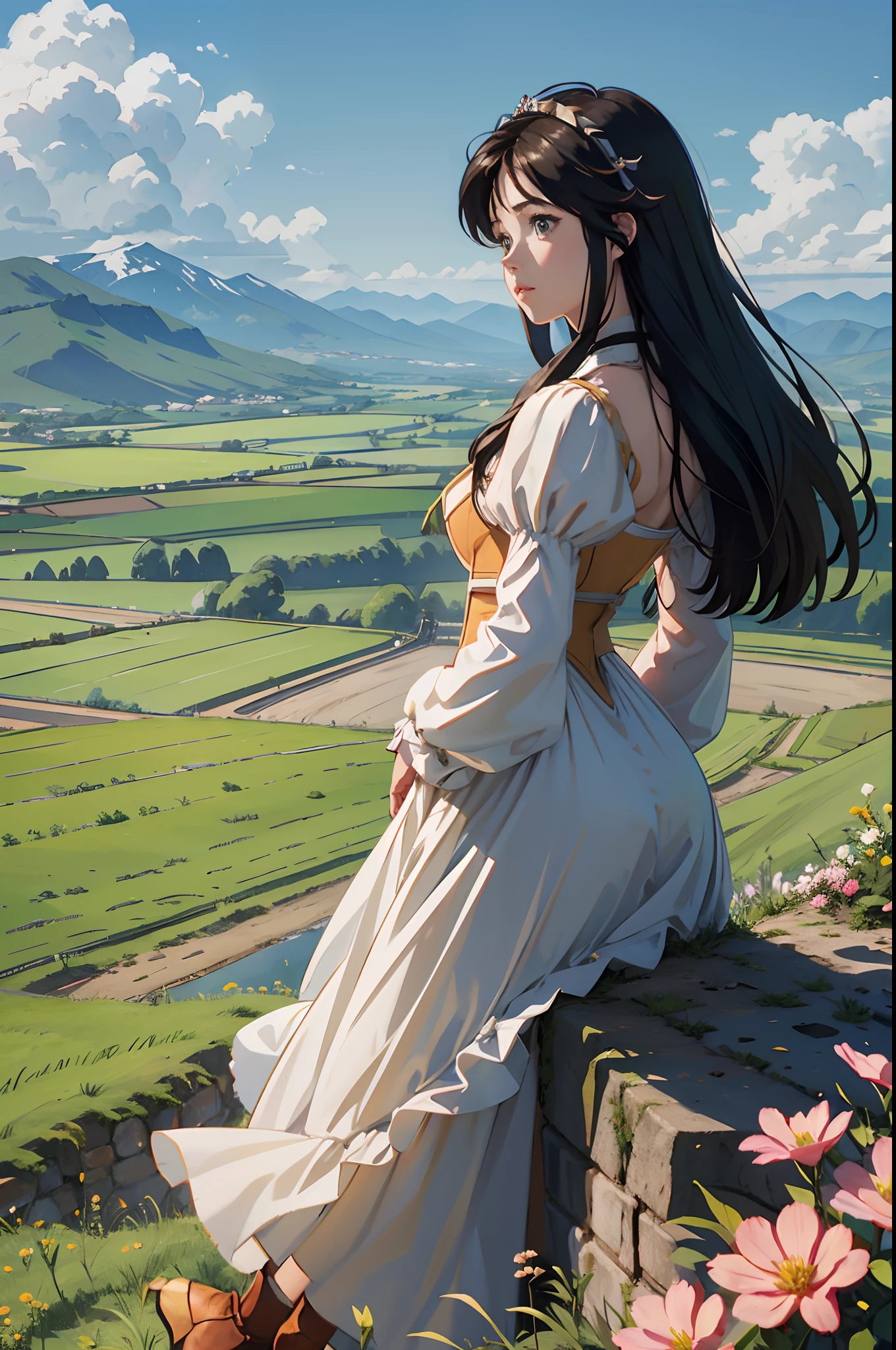 Princess Garnet standing on a castle wall, POV shot over her shoulder, in the distance are wide green plains and fields.  Flowers and agriculture are visible on the distant green fields.  Far far in the distance are large snow topped mountains.  The sky is clear blue with a few scattered clouds.