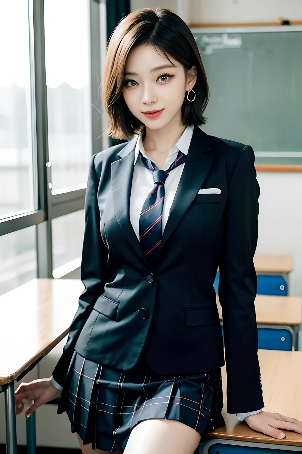 8K RAW photo, high resolution, 21 year old cool Korean, big round breasts, school uniform, tie, tie ribbon, blazer, skirt, beautiful eyes in detail, long eyelashes, beautiful double eyelids, eye shadow, slit eyes, sanpaku eyes, dark eye makeup, evil smile, beautiful thin legs, short hair gathered at the back, earrings, school classroom