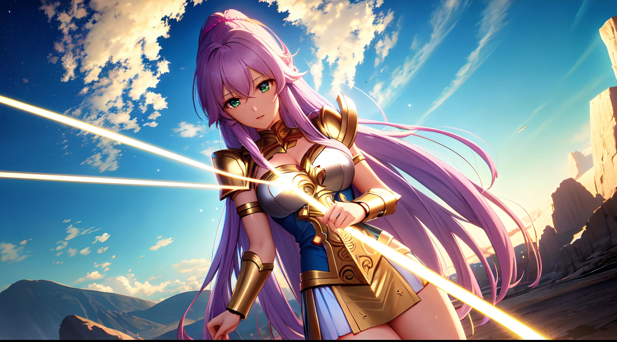 ((Highest quality)), ((masterpiece)), (detailed), (Perfect Face)、The female pharaoh is Lacus Clyne, a magnificent female pharaoh with blue eyes, pink medium-long hair, wearing a gorgeous pharaoh outfit and a gorgeous pharaoh headgear.、Female pharaohs are in ancient Egyptian ruins