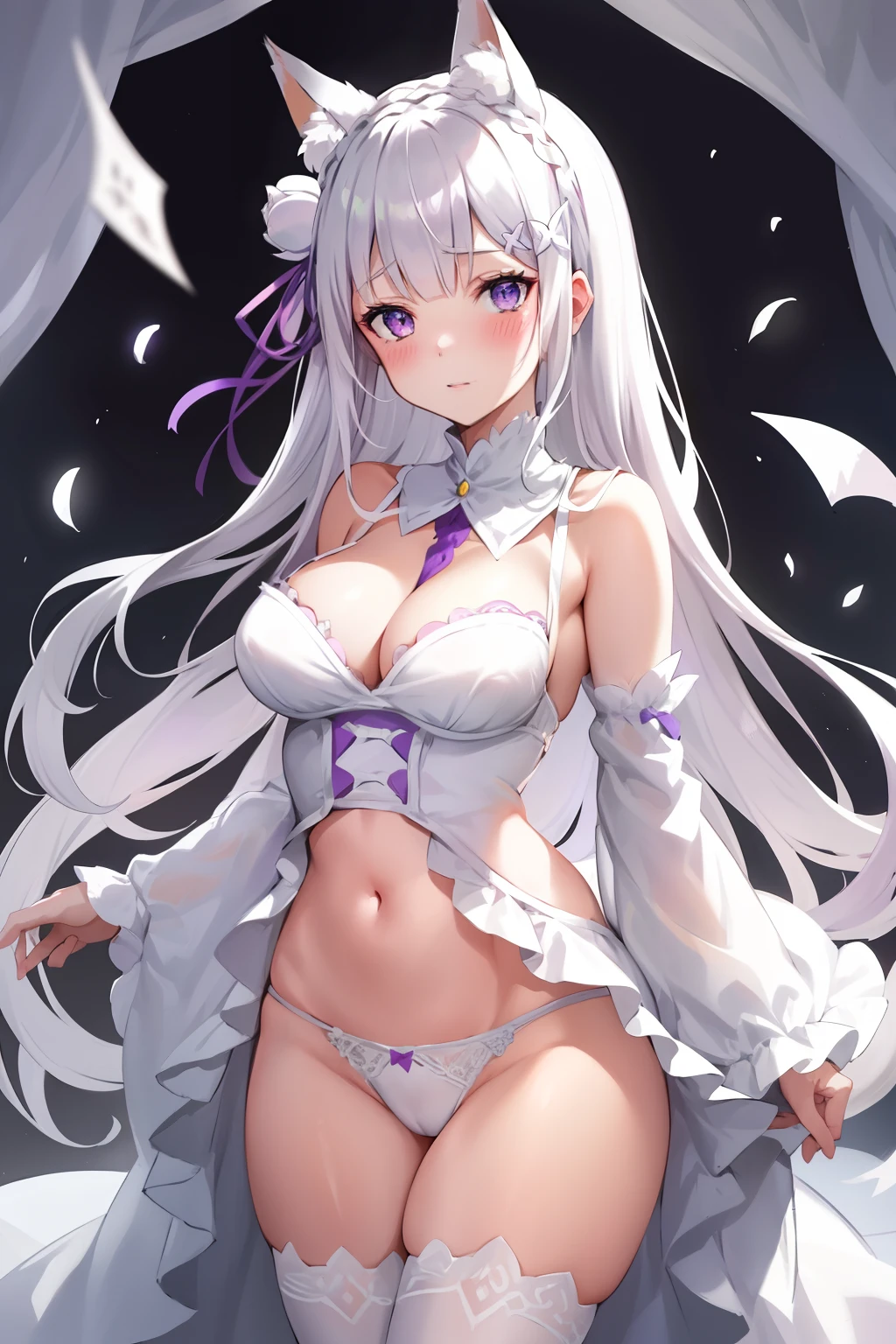 Emilia Re:Zero, white hair, white crown braid, purple ribbons in hair, white flower in hair, white lingerie, x hair ornament, purple eyes, long hair, medium breasts, fox ears, fox girl, 1girl, solo, 

(masterpiece:1.1), (best quality:1.1), (ultra-detailed:1.1), (illustration:1.1), medium breasts, one piece lingerie, bra, panties, camel toe, lacy white lingerie, cleavage cutout, midriff, looking at viewer, cowboy shot, blushing