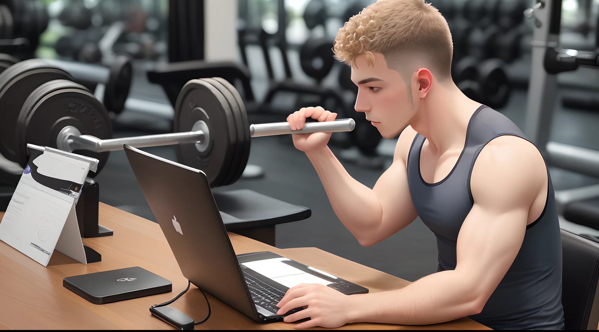 A graphic designer using on of his hand to draw on a table connect to a computer the other hand is curling weights while this artist and gym rat is wear a colored wife beater