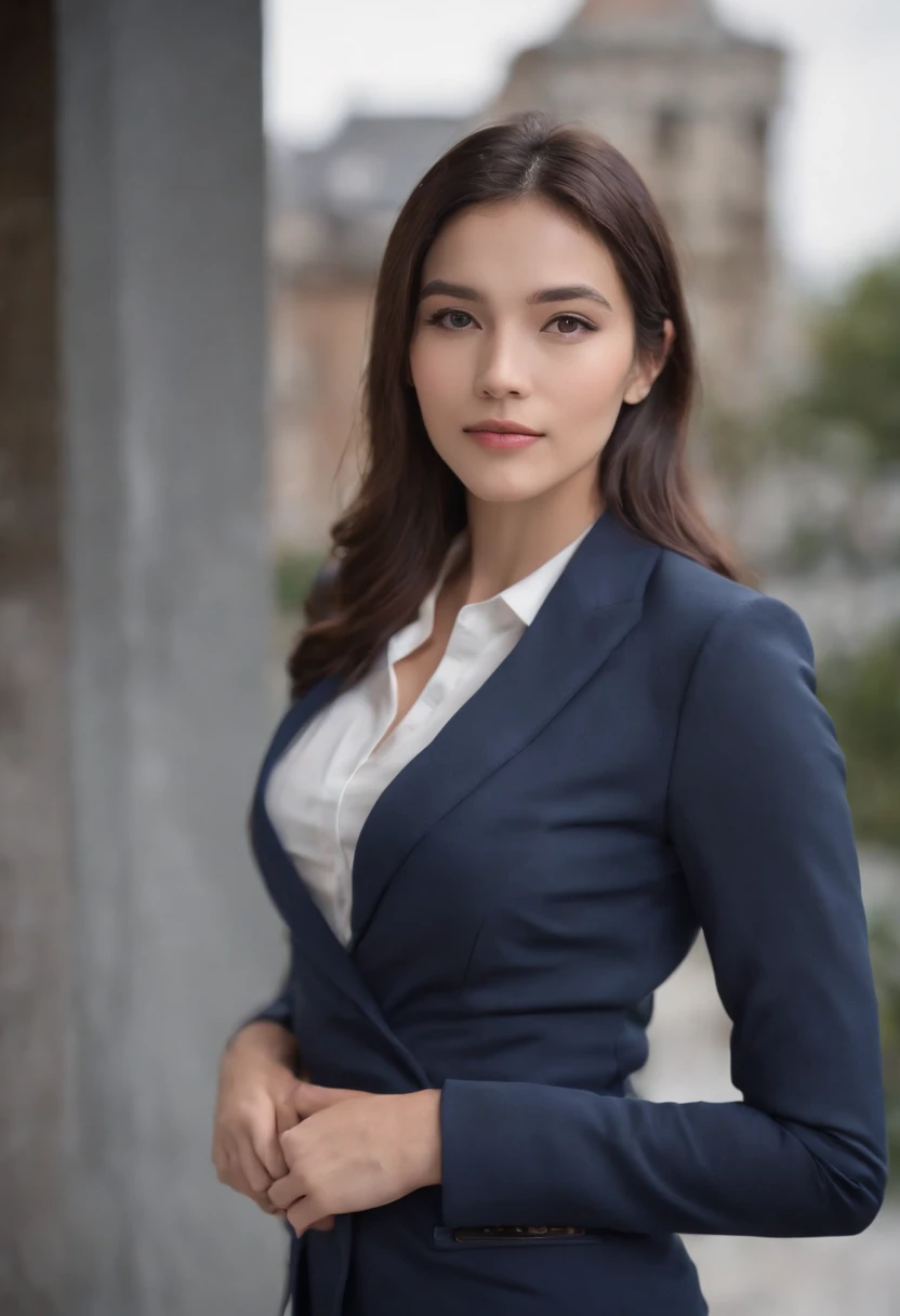 Professional image of a 25-year-old working woman, Wear a navy blue business casual suit and hip wrap skirt, Professional profile photo, posing with crossed arms, professional picture, professional profile picture, photograph of a woman, Business woman, lecturer, Black hair, Slim body, 8K high-definition