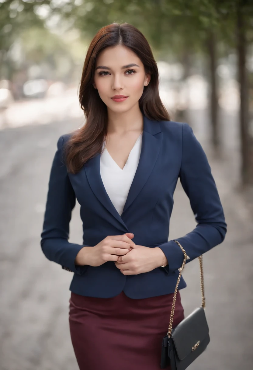 Professional image of a 25-year-old working woman, Wear a navy blue business casual suit and hip wrap skirt, Professional profile photo, posing with crossed arms, professional picture, professional profile picture, photograph of a woman, Business woman, lecturer, Black hair, Slim body, 8K high-definition