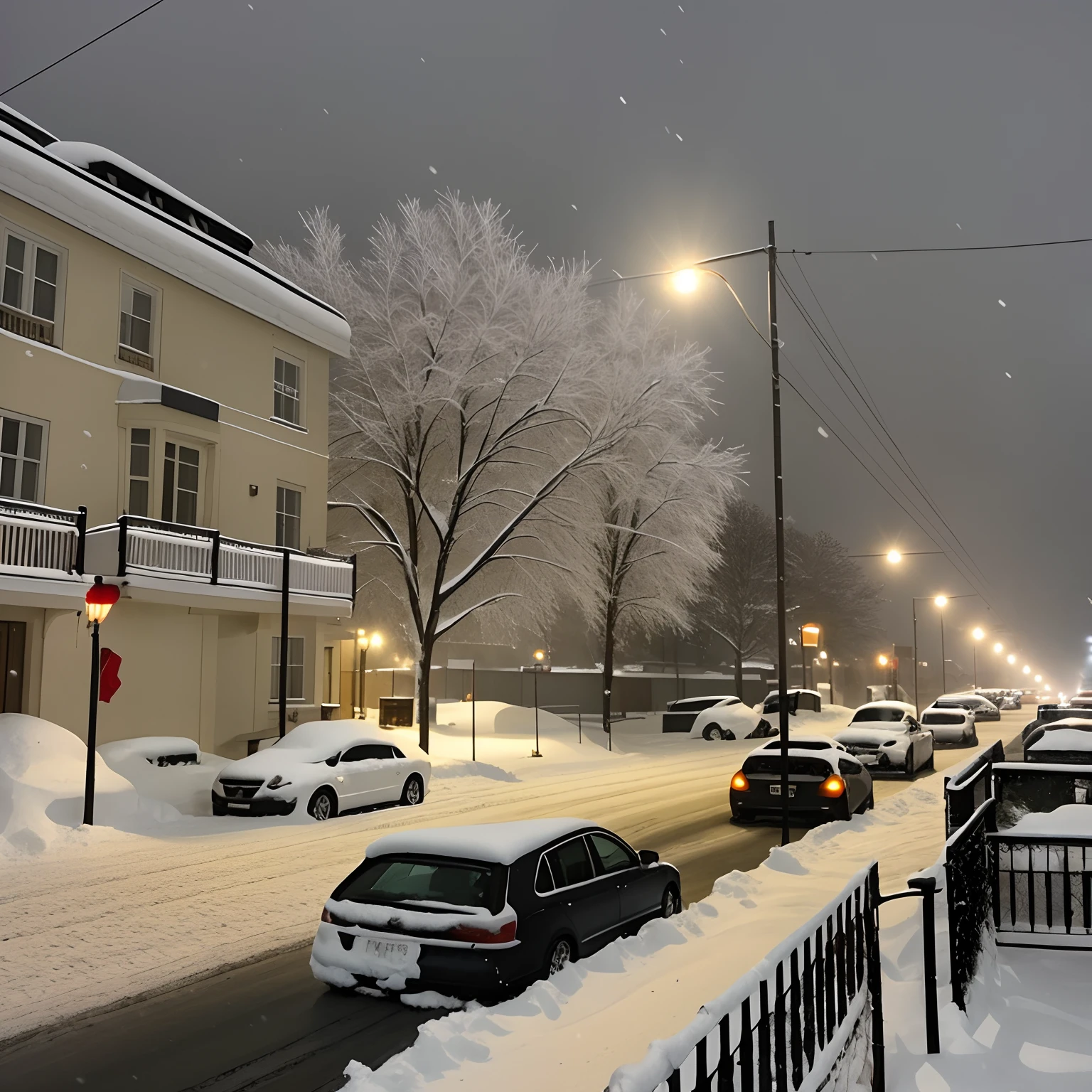 Car parked on the snowy road of the city at night, It snows in the city,It snowed a lot, snowfall at night, snowing outside, snowy night, snowing outside, nevando, during snowfall, Snowy, Snow scene, (Snow), snowflakes falling, Snow is falling, snowy winter scene, Snowy weather, perfect lighting in a snow storm, moonlight snowing, Snow, snowfall