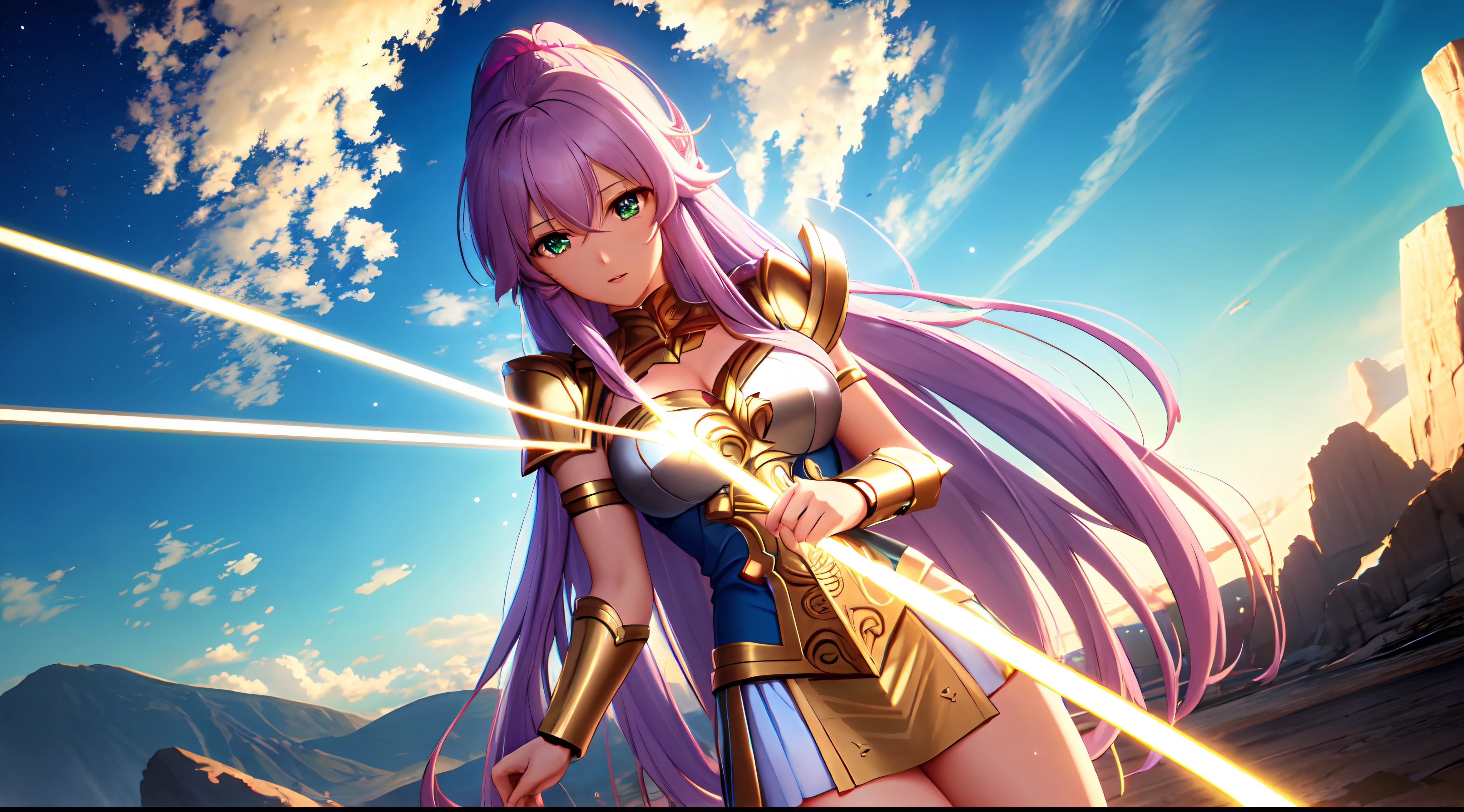 Kido_saori, Saint seiya athena with plain long light purple hair,hair between eyes,green eyes,rosy cheeks,full lips,thin eyebrows,slender body,greek goddess armor and long golden skirt,cute anime girl,full body,desert,anime style,Lumen Reflections,Screen Space Reflections,Diffraction Grading,Chromatic Aberration,GB Displacement,Scan Lines,Ray Traced,Anti-Aliasing,FXAA,TXAA,RTX,SSAO,Shaders,OpenGL-Shaders, GLSL-Shaders,Post Processing,Post-Production,cell Shading,Tone Mapping,CGI,VFX,SFX,insanely detailed and intricate, 4K,standing, solo, masterpiece, best quality, detailed face, detailed eyes, highres