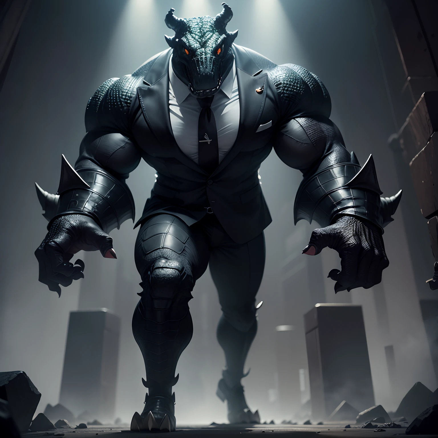 Humanoid crocodile muscled , with a crocodile's head black with a tail with 2 huge arms , in suit with a tie , full body