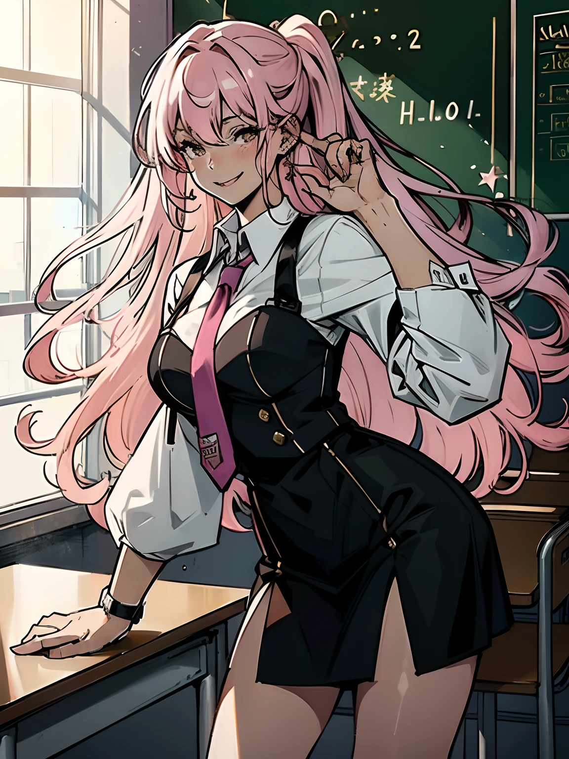 Ultra High Resolution, 16 K, ((masutepiece)), ((Best Quality))), ((super detailed)), girl with, Long pink hair, highschool , Smile, In the classroom