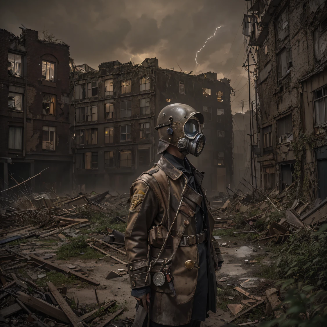 downpours(illuminations,Doomsday City,Abandoned,dystopian,Futuristic,Dark atmosphere,overgrown vegetation,Desolate streets,Crumbling building,black wall,Broken windows,Debris was scattered all over the place,Create an atmosphere of desolation and chaos. ),[Steampunk survivor,Gas masks,wind coat,Brass decoration,cogs and gears,]，Dimly lit sky,Ominous clouds come together,Dazzling lightning,be desperate,Unforgettable silence,lost hope,Epidemic of disease.Sepia color palette,intense contrast,Moody lighting.(Best quality,A high resolution,Masterpiece:1.2)，Background fog， A high resolution， the detail， RAW photogr， Sharp Re， Nikon D850 Film Stock Photo by Jefferies Lee 4 Kodak Portra 400 Camera F1.6 shots, Rich colors, ultra-realistic vivid textures, Dramatic lighting, Unreal Engine Art Station Trend, cinestir 800，