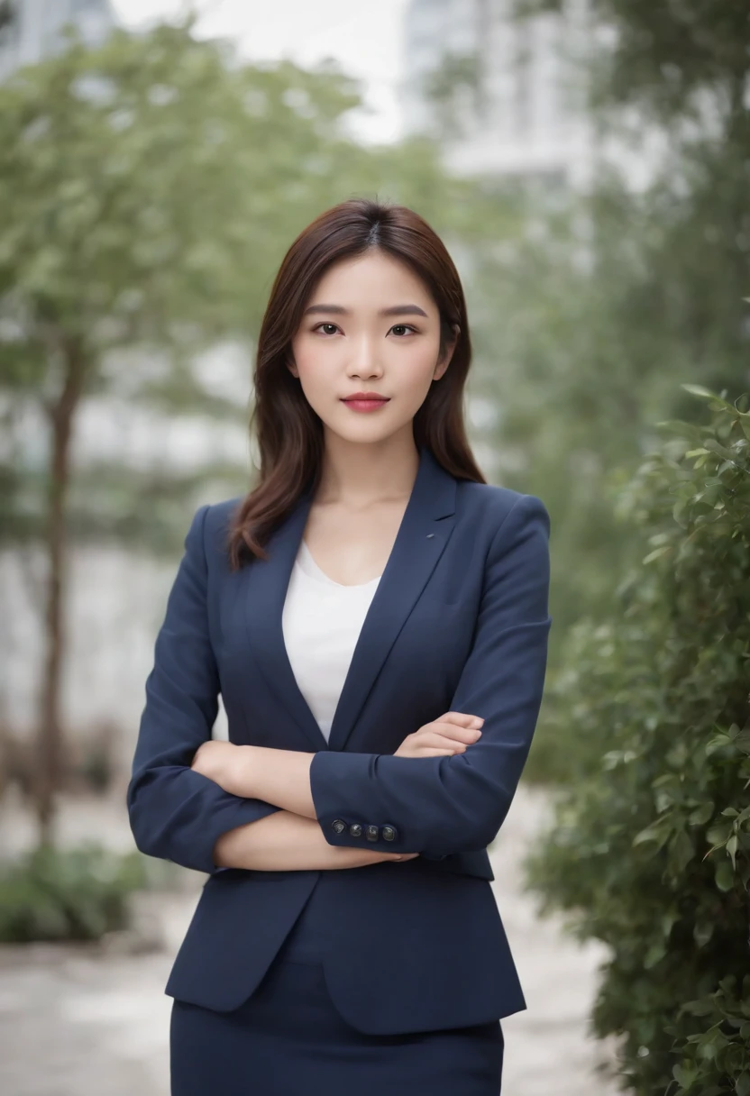 Professional image of a 25-year-old working woman in China, Wear a navy blue business casual suit and hip wrap skirt, Professional profile photo, posing with crossed arms, professional picture, professional profile picture, photograph of a woman, Business woman, lecturer, Black hair, Slim body, 8K high-definition