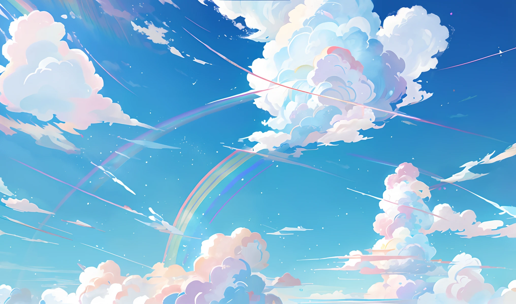 Anime - Rainbow and cloud style scene in the blue sky, anime clouds, beautifull puffy clouds. Anime, Anime Sky, Rainbow clouds, ethereal rainbow nimbus, bright rainbow nimbus, Anime Background Art, colorful anime movie background, Anime Background, fluffy pink anime clouds, Rainbow in the sky, Rainbow clouds, anime art wallpaper 4k