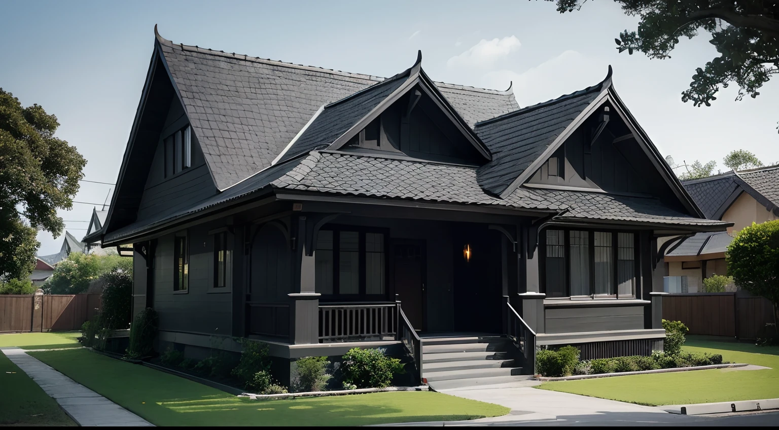 A cozy year 2003 philippine bungalow house design, with minimalistic designing, with plants, black is the dominant house color, gray and white  house, gothic architecture, or dark tone colors architecture, l, ultra realistic, Jason Buensalido architecture style