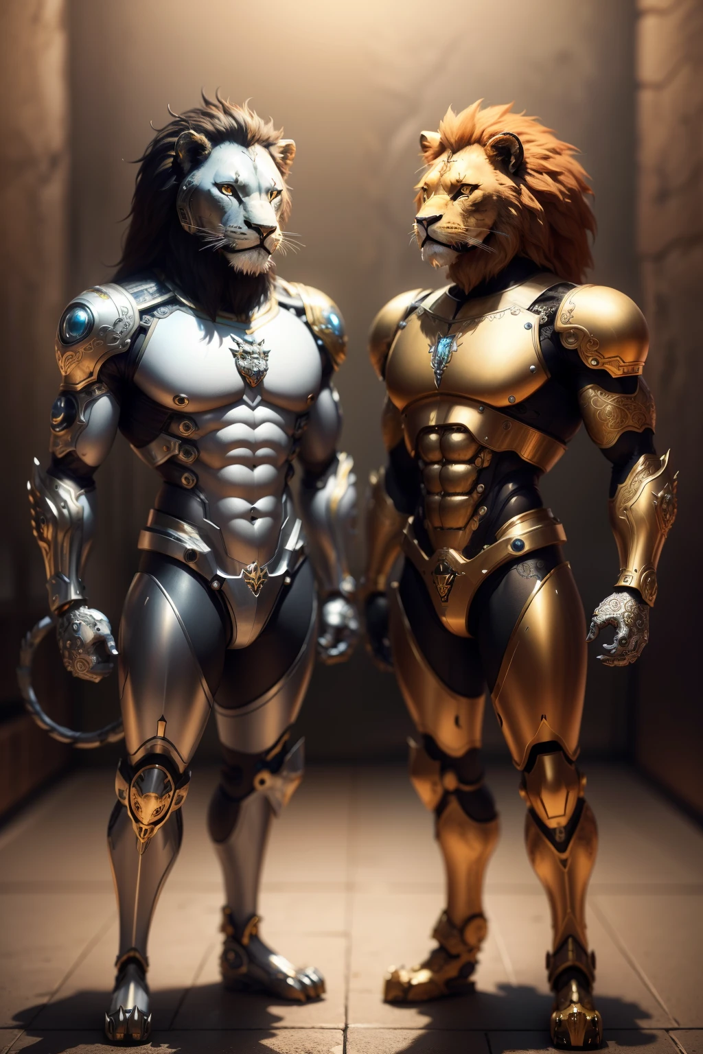 Cute lions made of metal, (Cyborg lion:1.1), ([tail|Wire Details]:1.3), (intricate detailed), HDR, (intricate detailed, hyperdetailed:1.2),