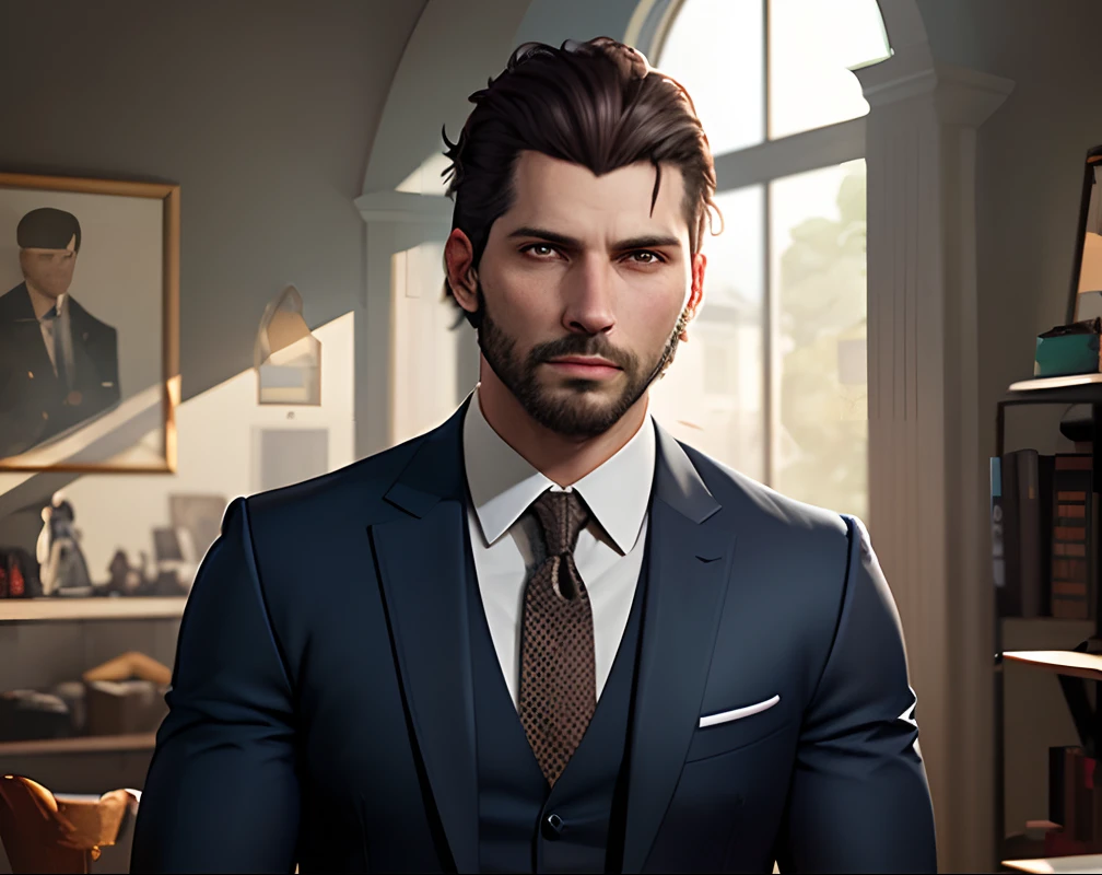There's a man in a suit standing in front of a town, inspirado em Max Magnus Norman, Background Story : Diego Fazio, Retrato de Adam Jensen, bonito impressionante realista, sins inc skyscraper front, arte oficial do personagem, arte promocional, homem bonito, Cinematic realistic portrait, arte de fundo, Arte Promocional, arte chave, Retrato do Professor Sinistro, Jogo CG