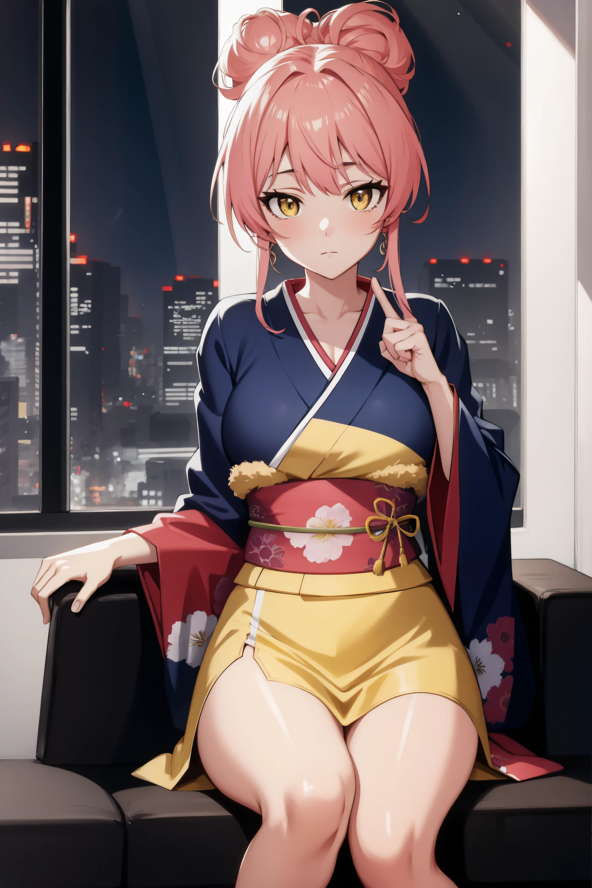 (Night:1.7), Cyberpunk_CityView, Before Window,in front of a wall with a clock,
sitting at attention,sitting on couch,
japanese clothes, kimono, my mai tonight, obi, sash, sidelocks, single hair bun,
mika jougasaki, hair bow, long hair, pink hair, (yellow eyes:1.5), ponytail, hair ribbon,
1 girl, 20yo,young female,Beautiful Finger,Beautiful long legs,Beautiful body,Beautiful Nose,Beautiful character design, perfect eyes, perfect face,
looking at viewer, (innocent_big_eyes:1.0),(expressionless:1.3),
NSFW,official art,extremely detailed CG unity 8k wallpaper, perfect lighting,Colorful, Bright_Front_face_Lighting,
(masterpiece:1.0),(best_quality:1.0), ultra high res,4K,ultra-detailed,
photography, 8K, HDR, highres, absurdres:1.2, Kodak portra 400, film grain, blurry background, bokeh:1.2, lens flare, (vibrant_color:1.2)
(Beautiful,medium_Breasts:1.4), (beautiful_face:1.5),(narrow_waist),(perfect hands, perfect anatomy),