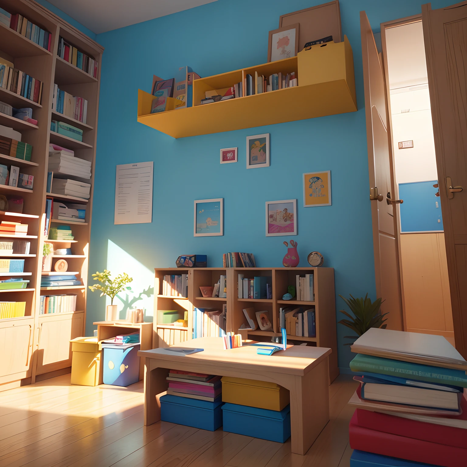 Uma biblioteca escolar, in 3D animation style, Ultra Detalhado, Realistic, for a children's storybook, ,cores brilhantes, Playful Atmosphere, A diverse group of children engaged in diverse activities, Ferramentas de aprendizagem interativas, Vibrant Decorations, Alphabet and numerical graphics on walls, cartazes educativos, prateleiras cheias de livros e brinquedos
