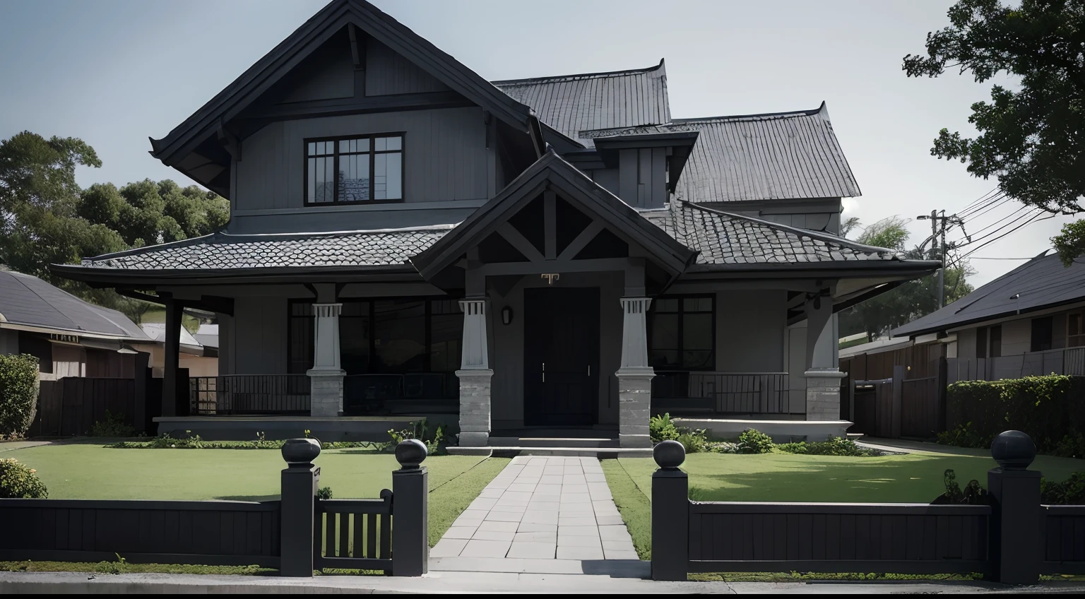 A cozy year 2003 philippine bungalow house design, with minimalistic designing, with plants, black is the dominant house color, gray and white modern house, gothic architecture, or dark tone colors architecture, l, ultra realistic, Jason Buensalido architecture style
