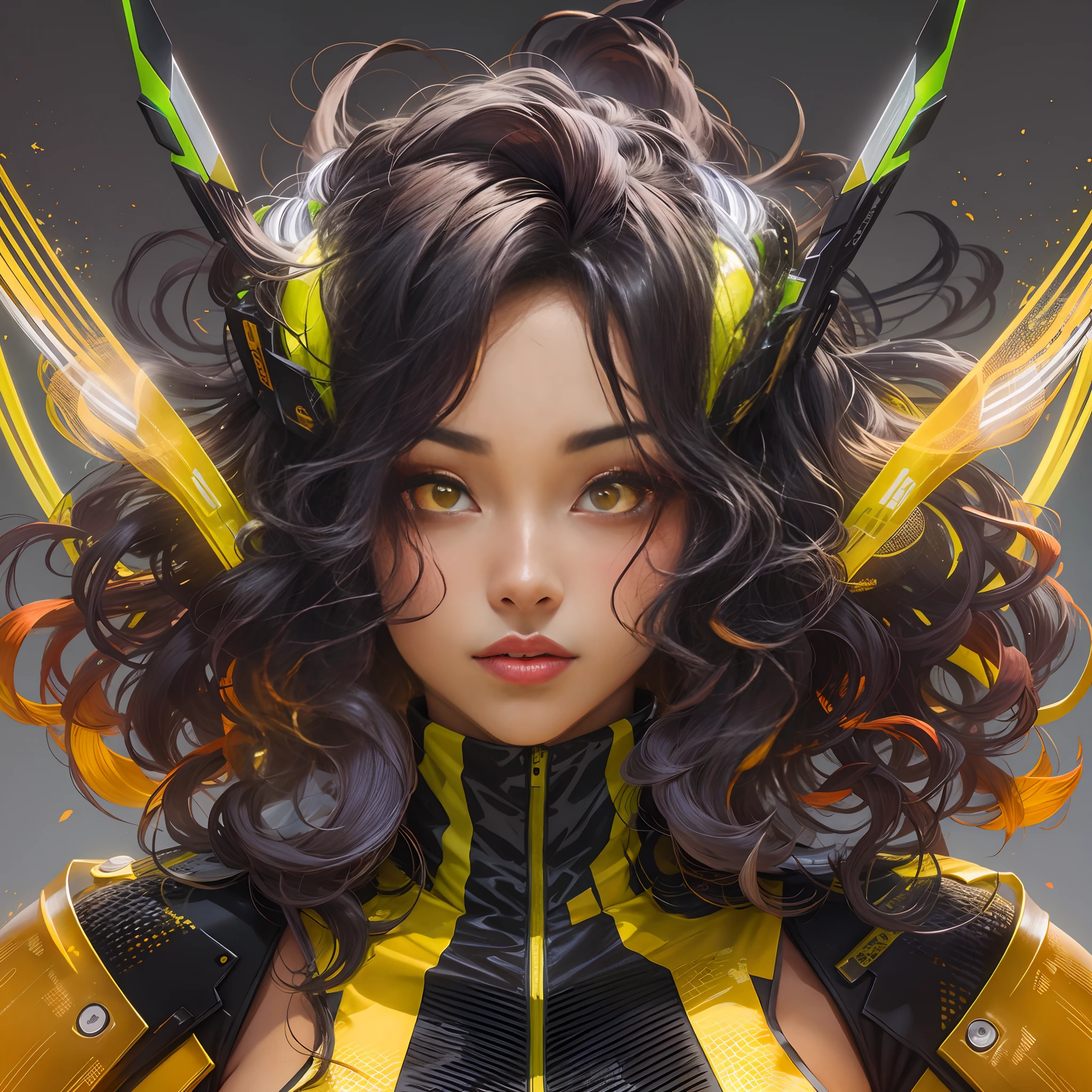 Mulher anime branca, Medium-sized pret wavy hair, mechas luzes vermelhas no cabelo, sardas, covinhas, olhos pretos, large eyelashes, foco no rosto, large false eyelashes, estilo cromado, franja do cabelo vermelho, cabelo under dye vermelho, olho preto, fursona abelha, Marvel Anti Hero, cores amarelas e pretas, uniforme de abelha com asas e antenas, Superhero Costume, hero pose, olhar amarelo, cores amarelas em neon, paleta de cores quente, roupas amarelas uniforme tecnologico high tech, nano tecnologia, asas de abelha transparentes, Insect antennae on the head, estilo anime