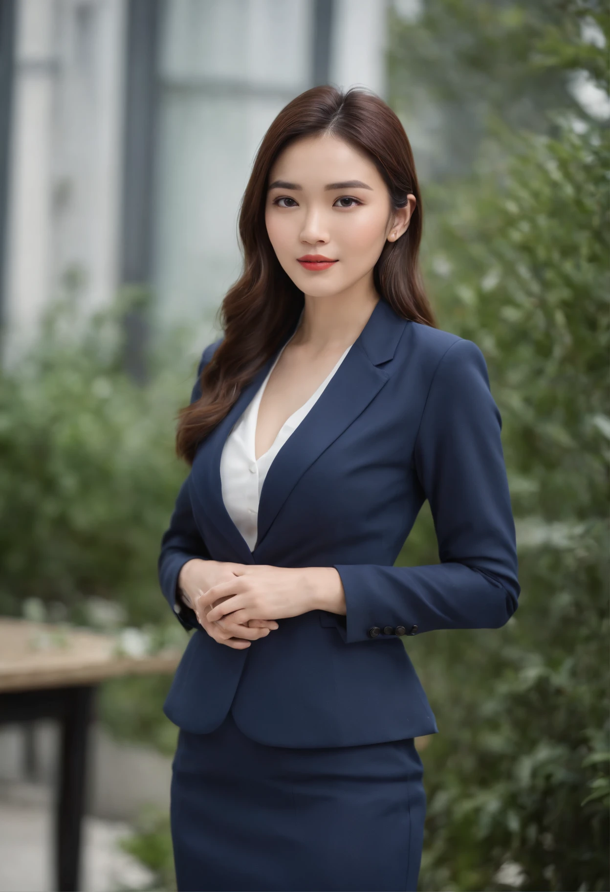 Professional image of a 25-year-old working woman in China, Wear a navy blue business casual suit and hip wrap skirt, Professional profile photo, posing with crossed arms, professional picture, professional profile picture, photograph of a woman, Business woman, lecturer, Black hair, Slim body, 8K high-definition