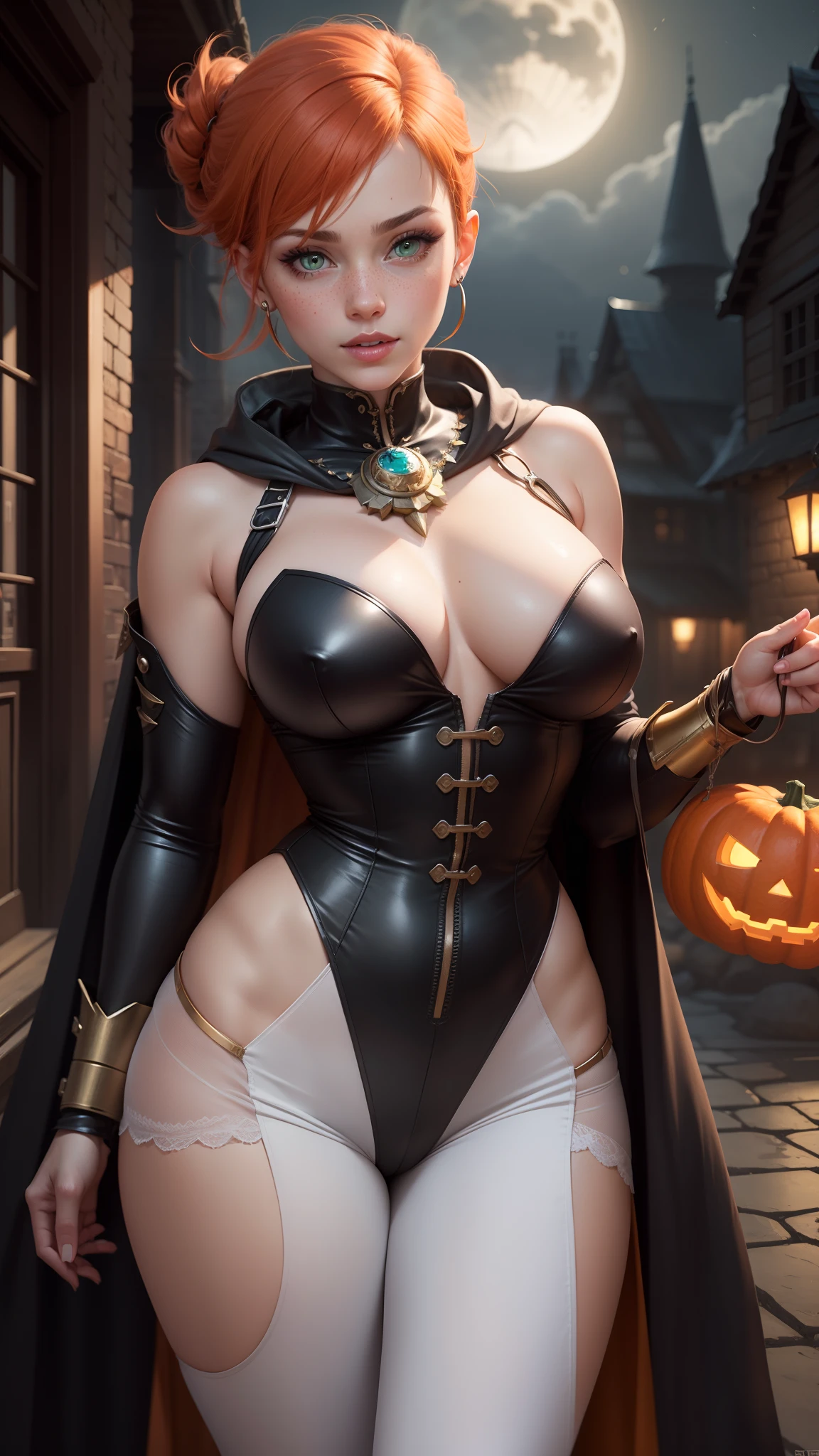 gwen tennyson,tracer,chun-li,rebecca chambers,atelier ryza,overwatch,1girl, close up,mecha pilot,halloween village, rose and white plugsuit,hair pin,pirate corset,steel long sleeve lycra top,orange leggings,short hair,cute makeup, green eyes,orange and golden hair,shy smile,freckles,redhead,beautiful girl,large breasts,ultra detailed,realistic,fantasy art,witch dress,witch cloak,halloween pumpkin,moonlight,silver earrings,